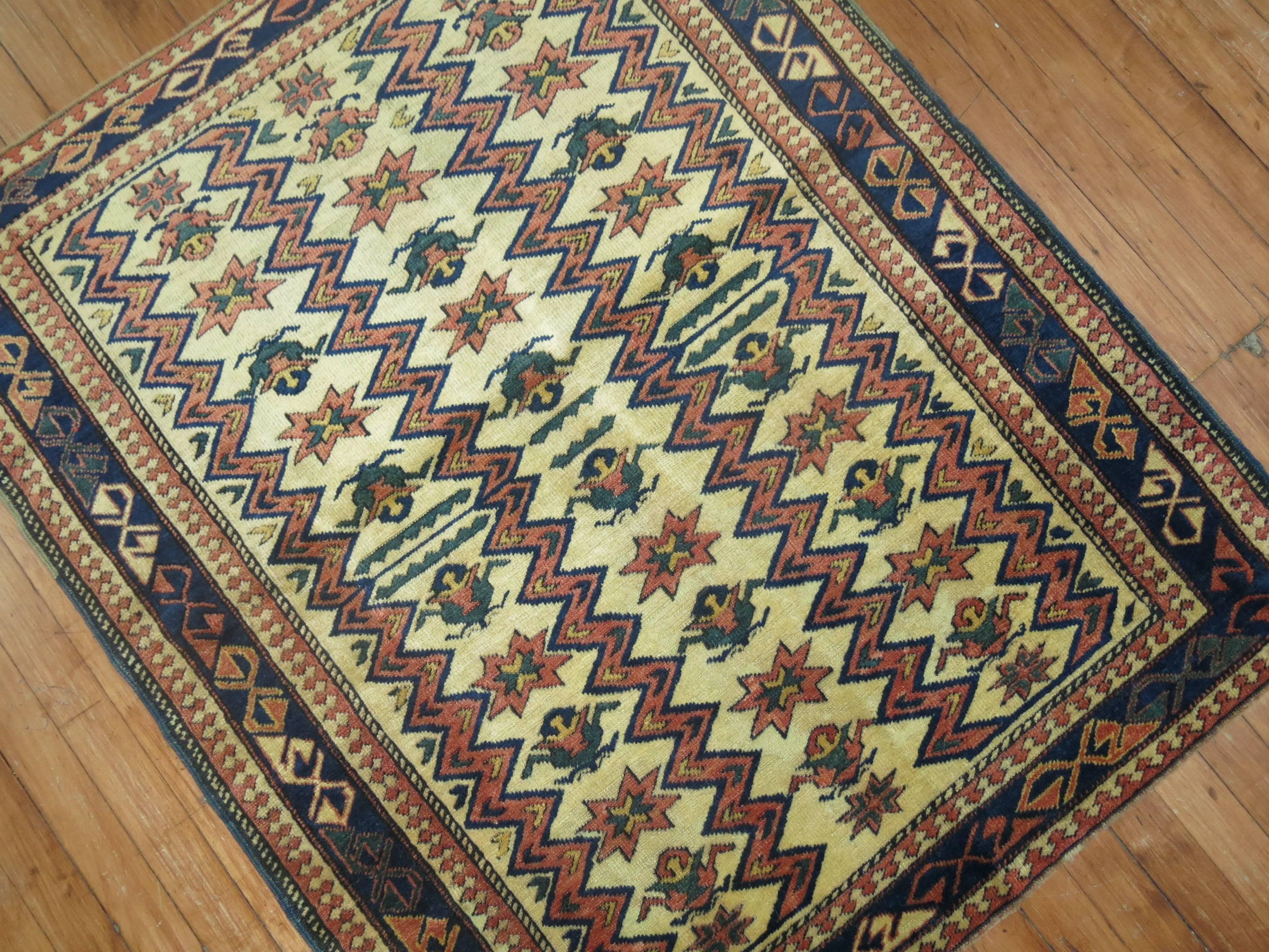 Tribal Rare Small Square Traditional Beige Blue Rust Vintage Caucasian Shirvan Rug For Sale