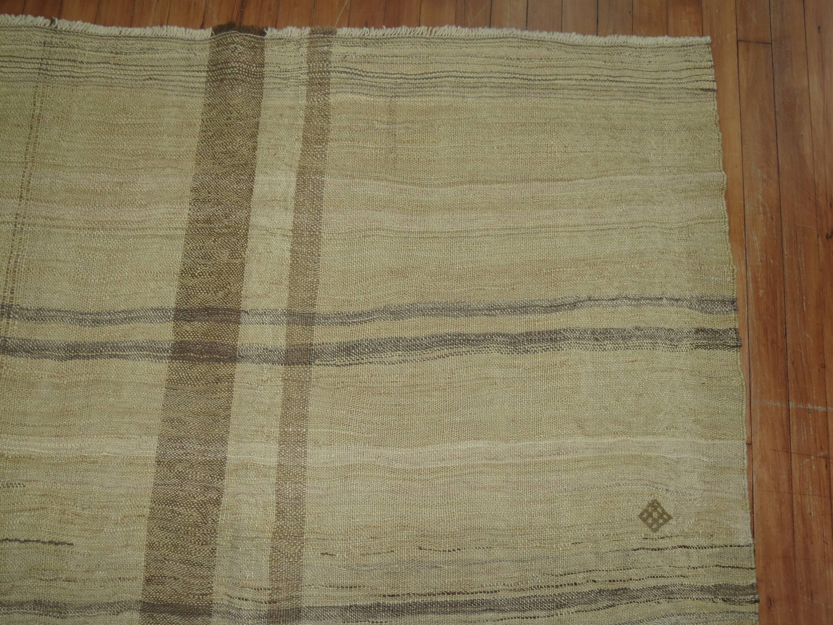Khaki Brown Minimalist Abstract Turkish Kilim Flat-Weave In Good Condition For Sale In New York, NY