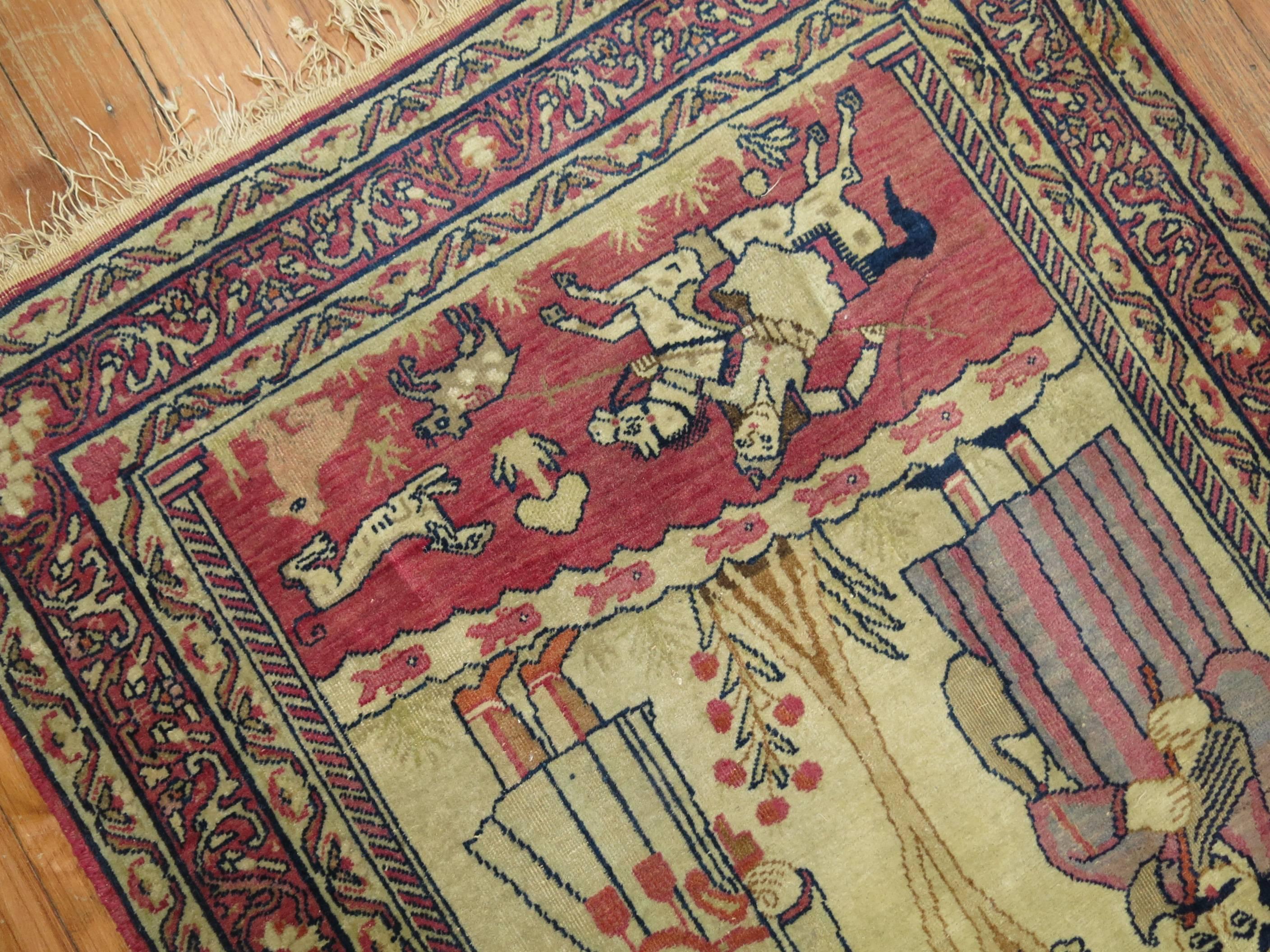Hand-Woven Pictorial Antique Lavar Kerman Rug