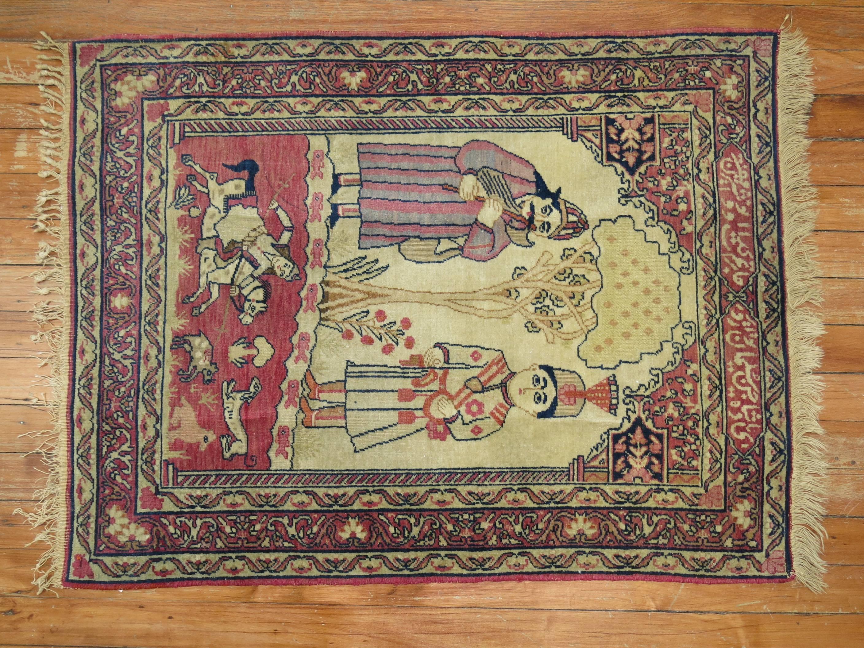 Persian Pictorial Antique Lavar Kerman Rug
