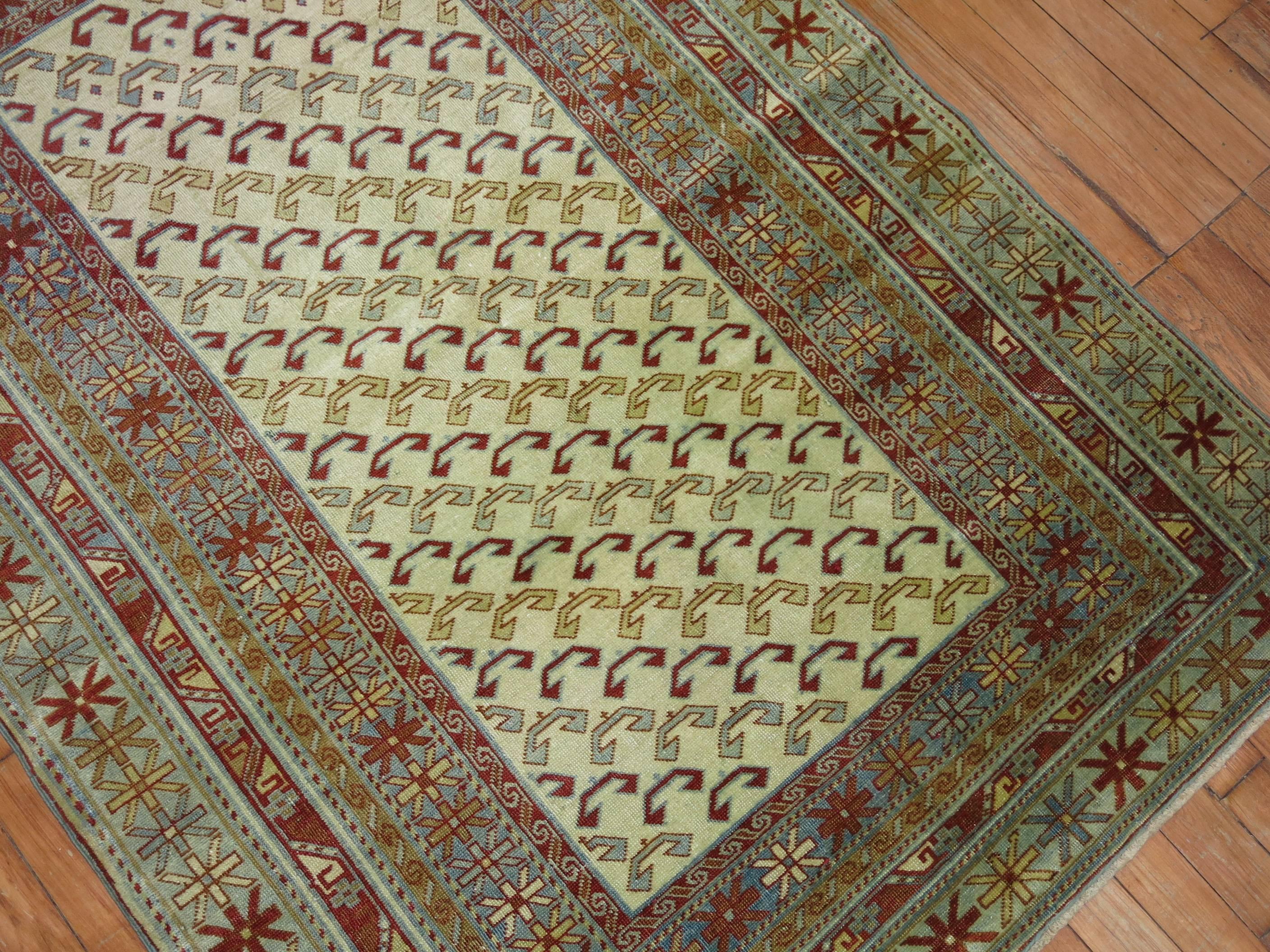 Hand-Knotted Ivory Light Blue Red Vintage Caucasian Shirvan Rug For Sale