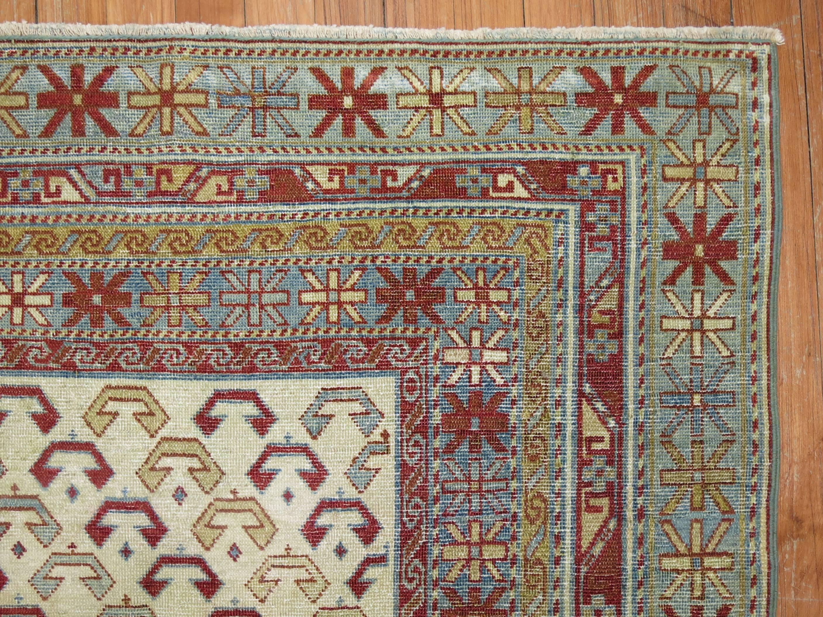 Ivory Light Blue Red Vintage Caucasian Shirvan Rug In Good Condition For Sale In New York, NY