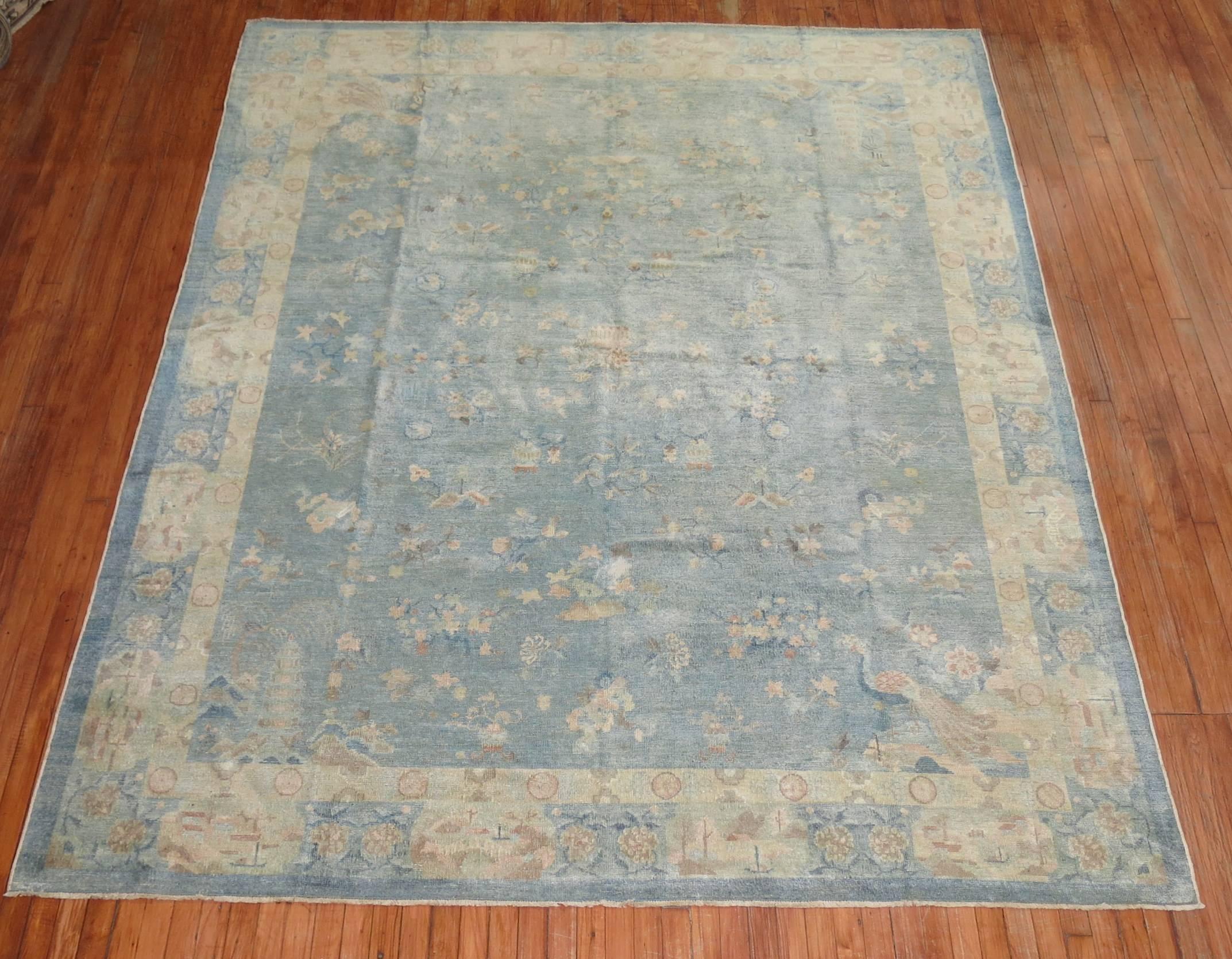 Chinoiserie Water Blue Ivory Early 20th Century Antique Chinese Hand-Made Wool Oriental Rug