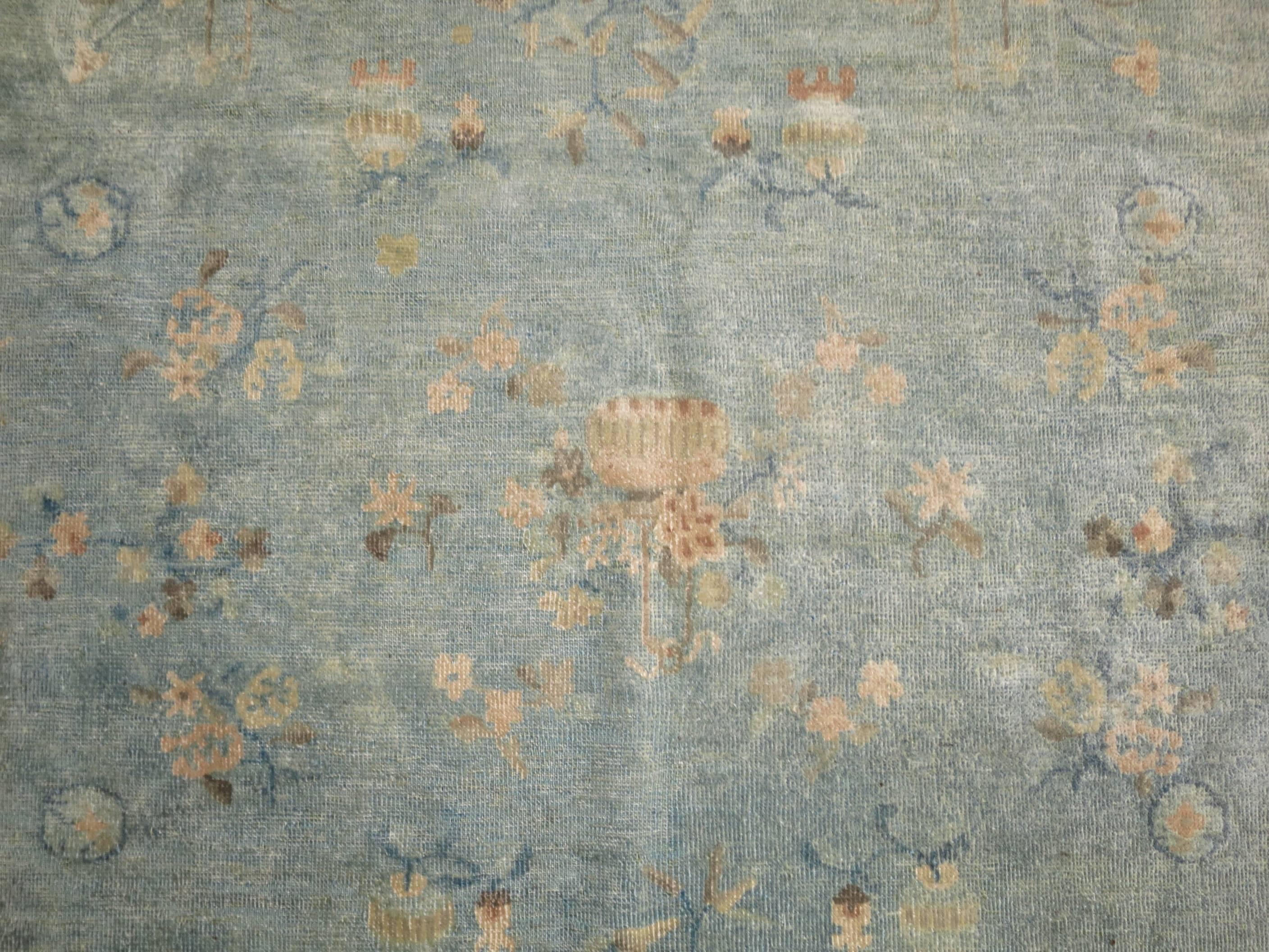 Hand-Knotted Water Blue Ivory Early 20th Century Antique Chinese Hand-Made Wool Oriental Rug