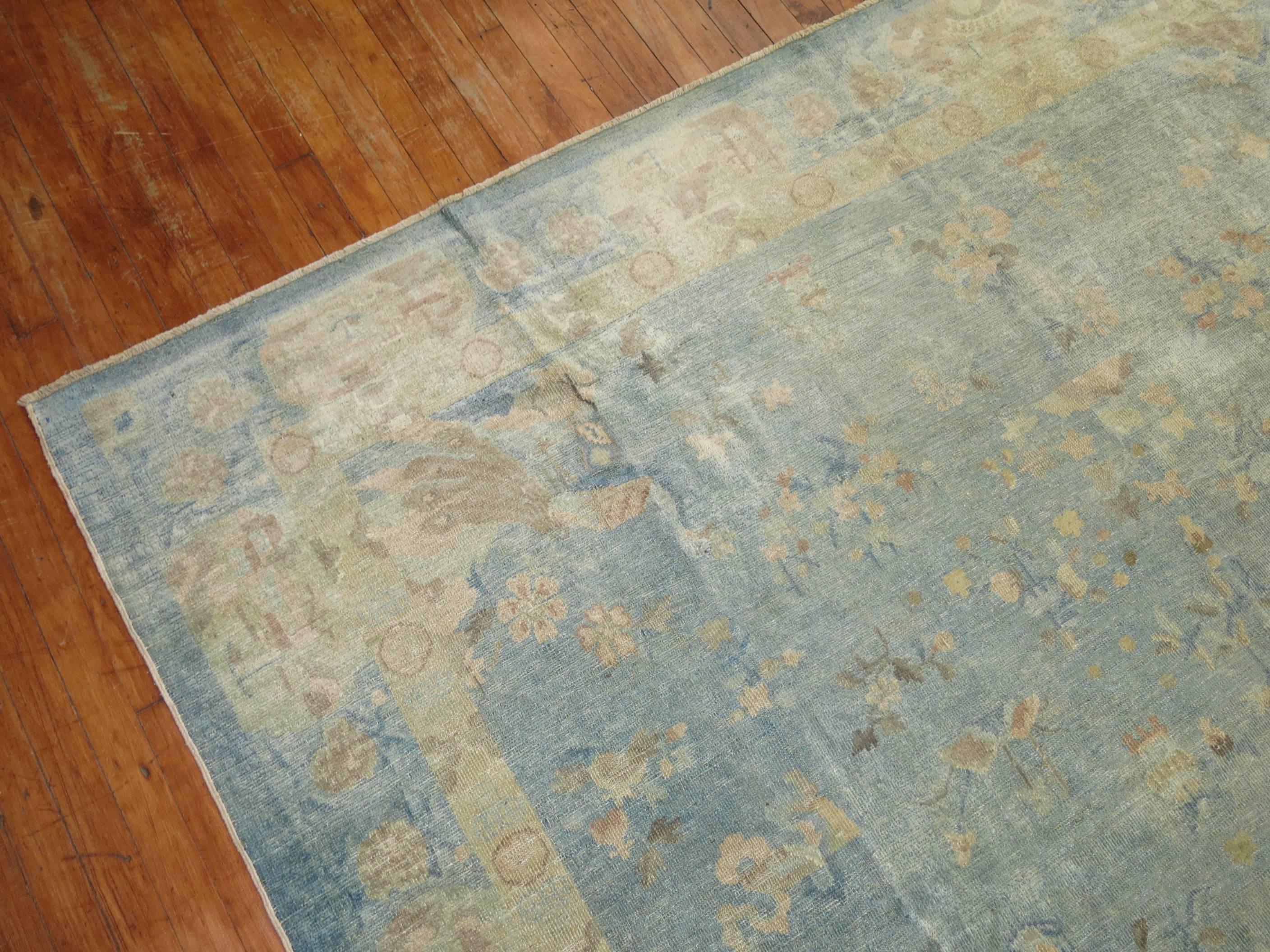 Water Blue Ivory Early 20th Century Antique Chinese Hand-Made Wool Oriental Rug 2