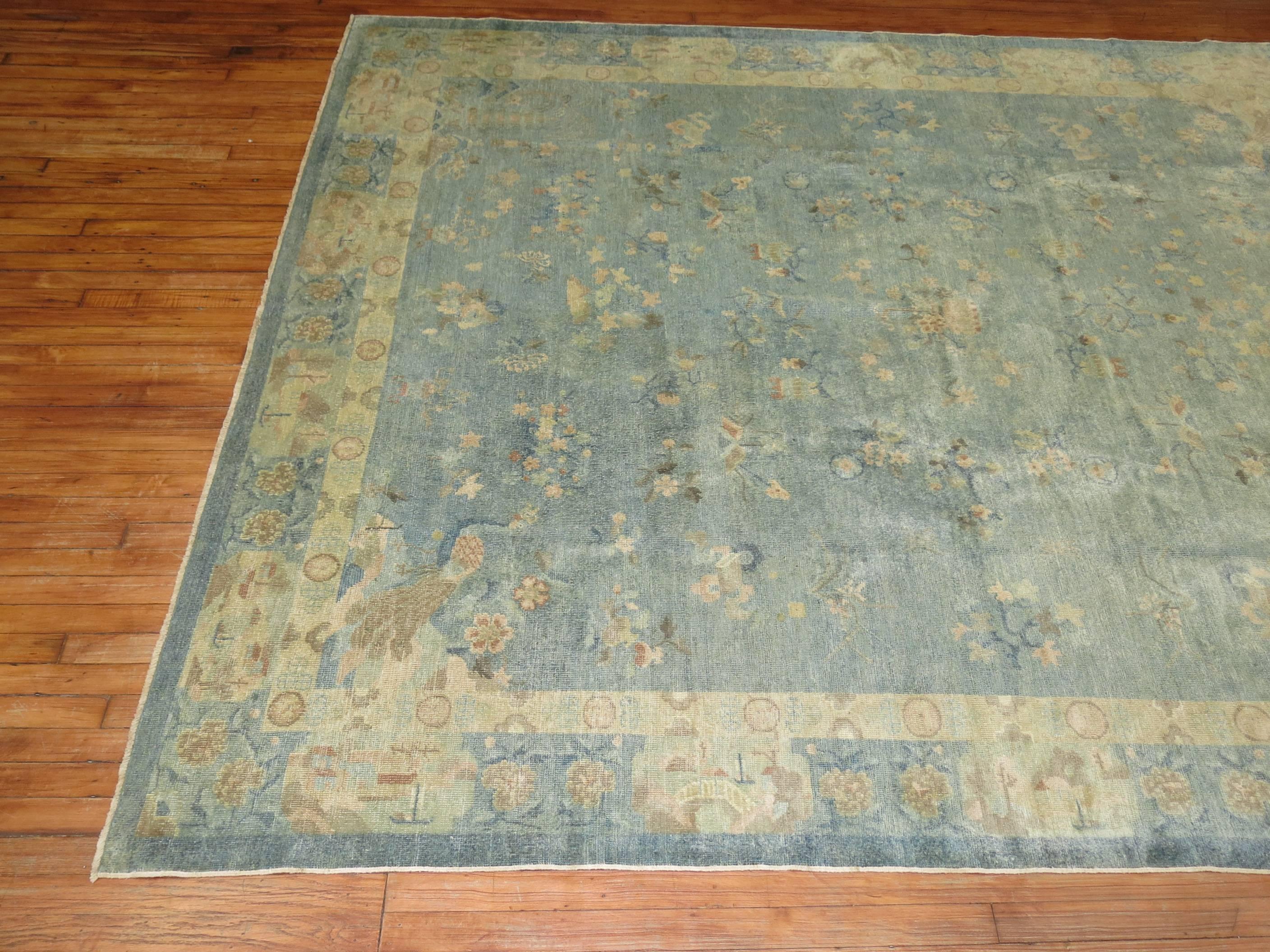 Water Blue Ivory Early 20th Century Antique Chinese Hand-Made Wool Oriental Rug 3