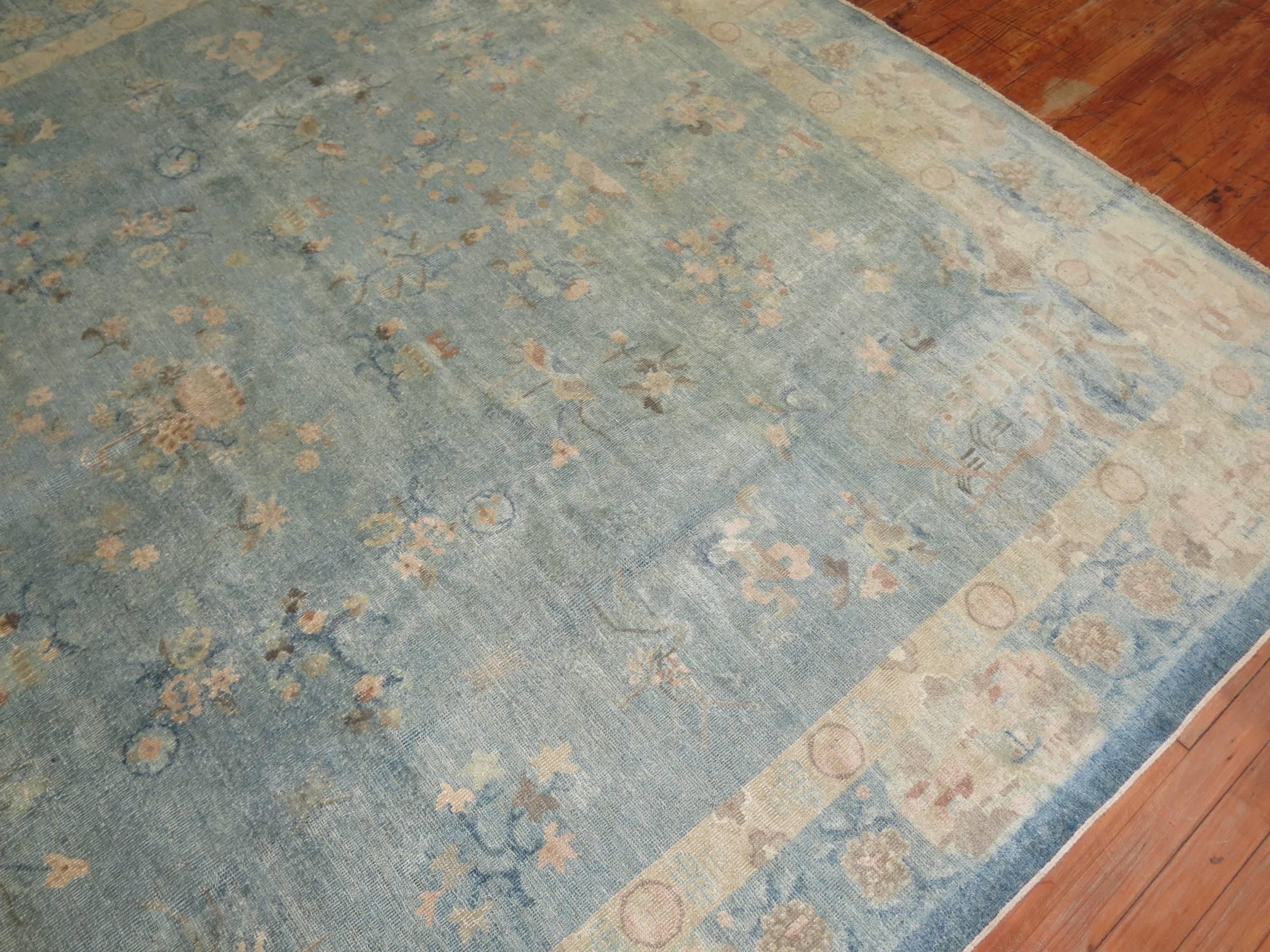 Water Blue Ivory Early 20th Century Antique Chinese Hand-Made Wool Oriental Rug 4