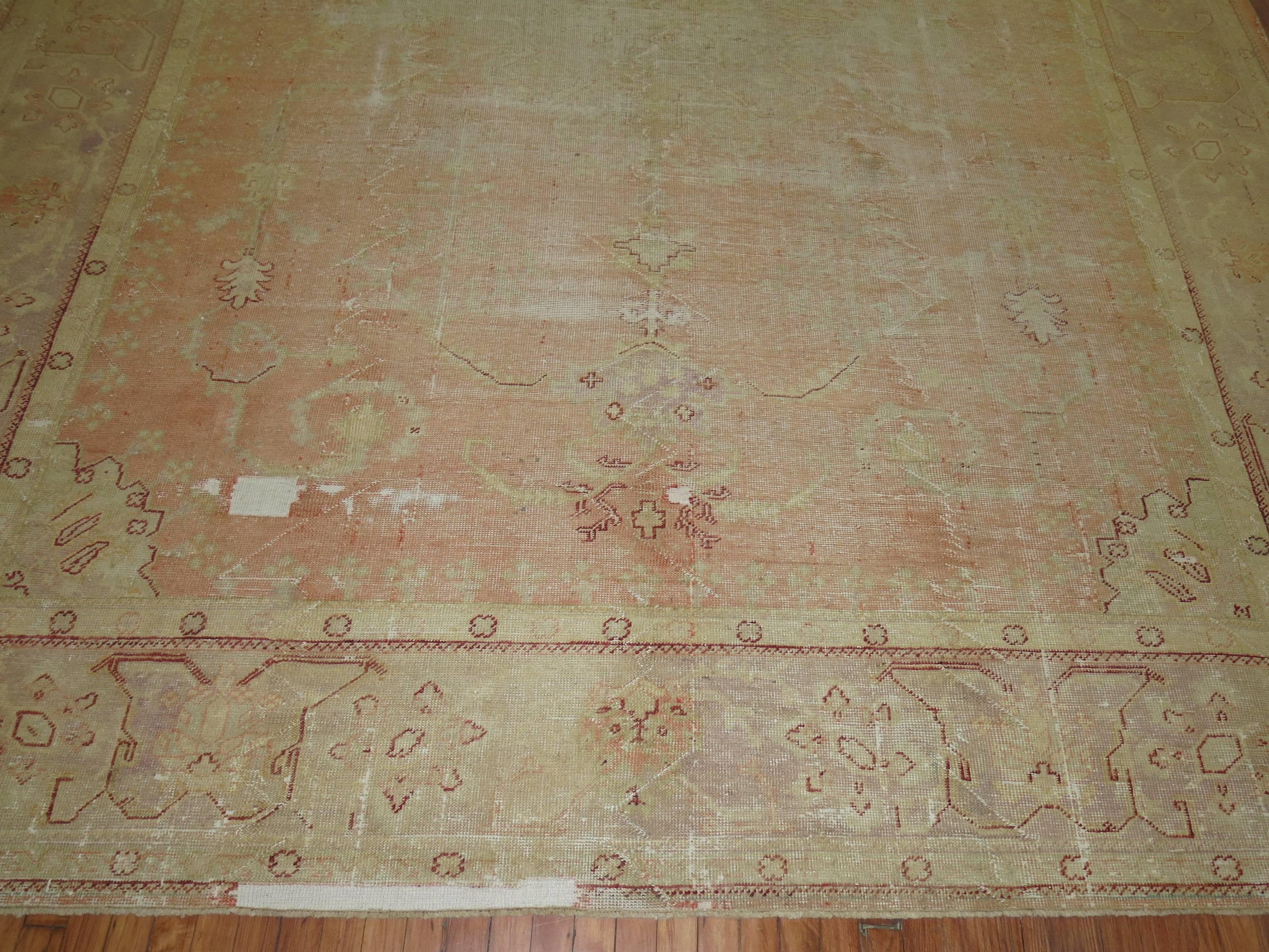 Shabby Chic Antique Oushak Carpet For Sale 1