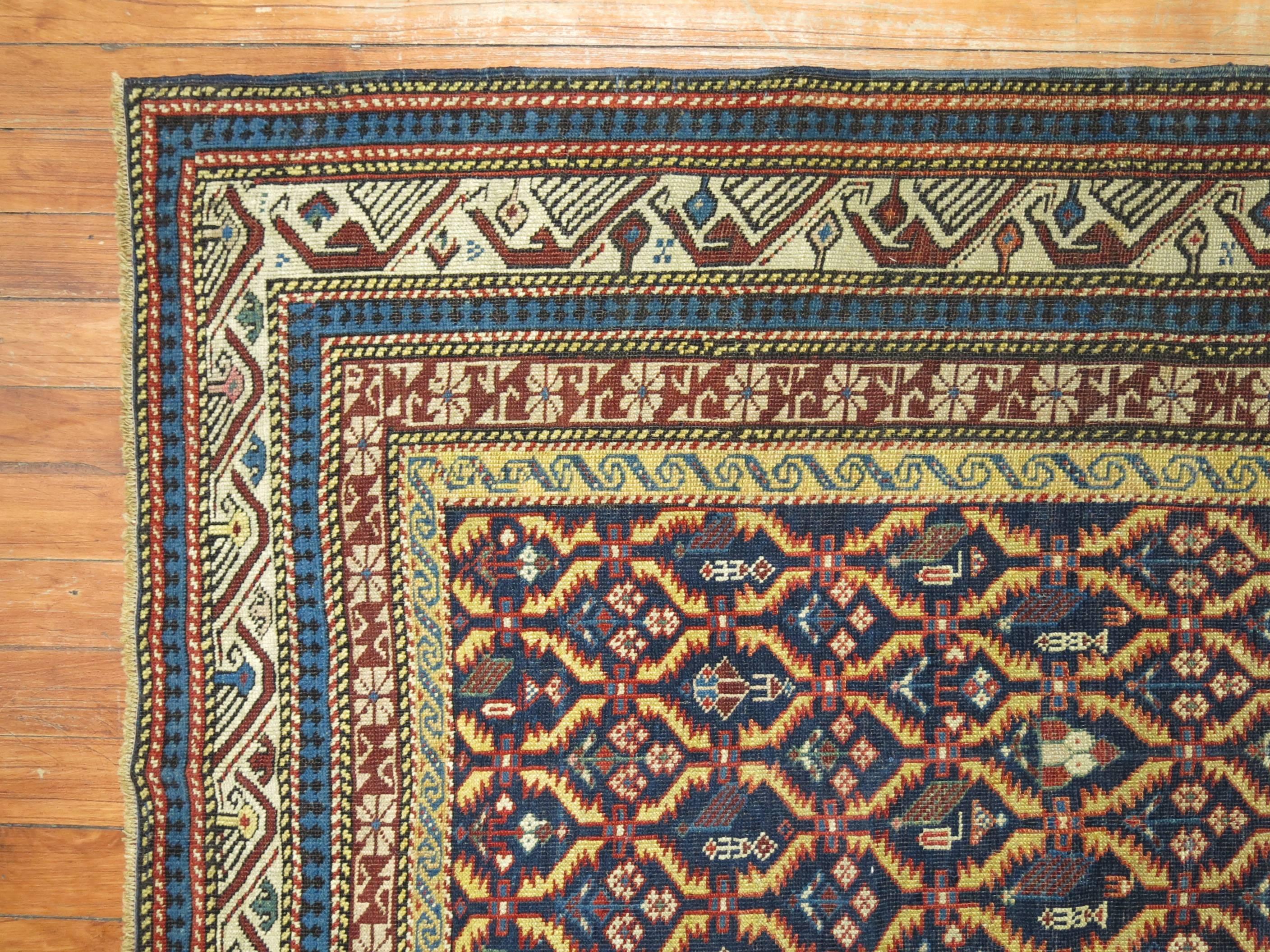 Hand-Woven Tribal Navy Blue Antique Kuba Caucasian Handwoven Early 20th Century Rug For Sale