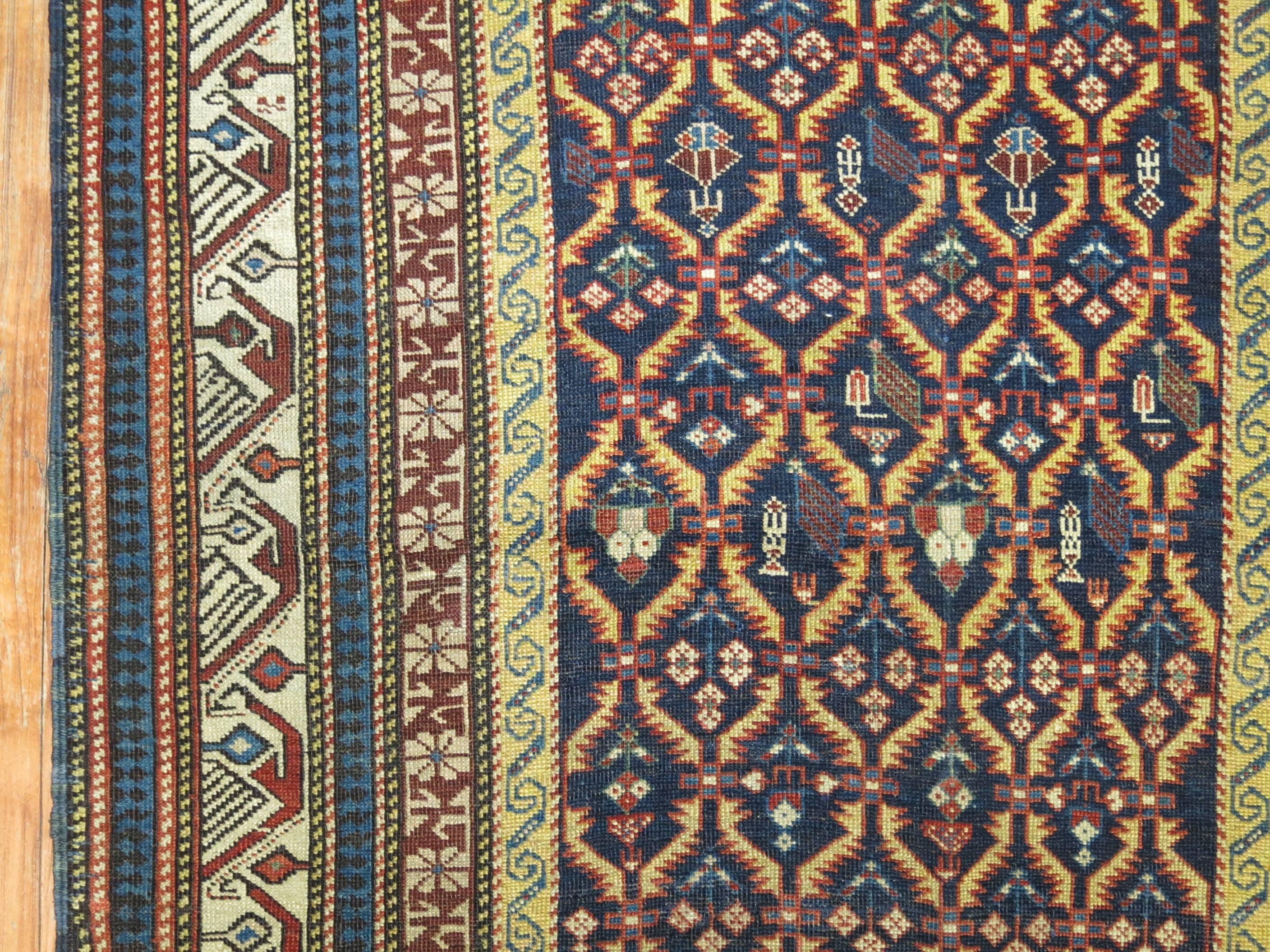 Tribal Navy Blue Antique Kuba Caucasian Handwoven Early 20th Century Rug In Good Condition For Sale In New York, NY