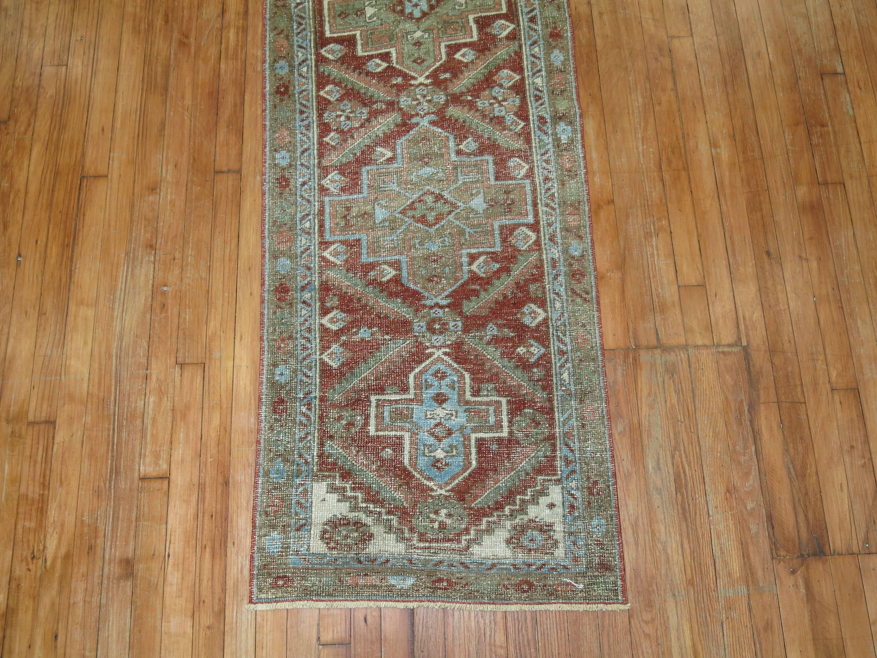 Hand-Knotted Rustic Brown Geometric Persian Heriz Runner For Sale