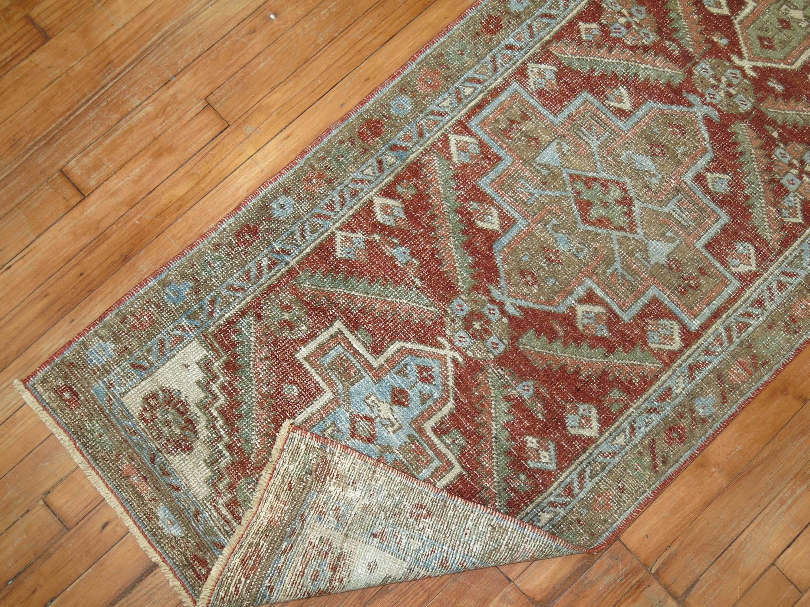 Rustic Brown Geometric Persian Heriz Runner In Fair Condition For Sale In New York, NY