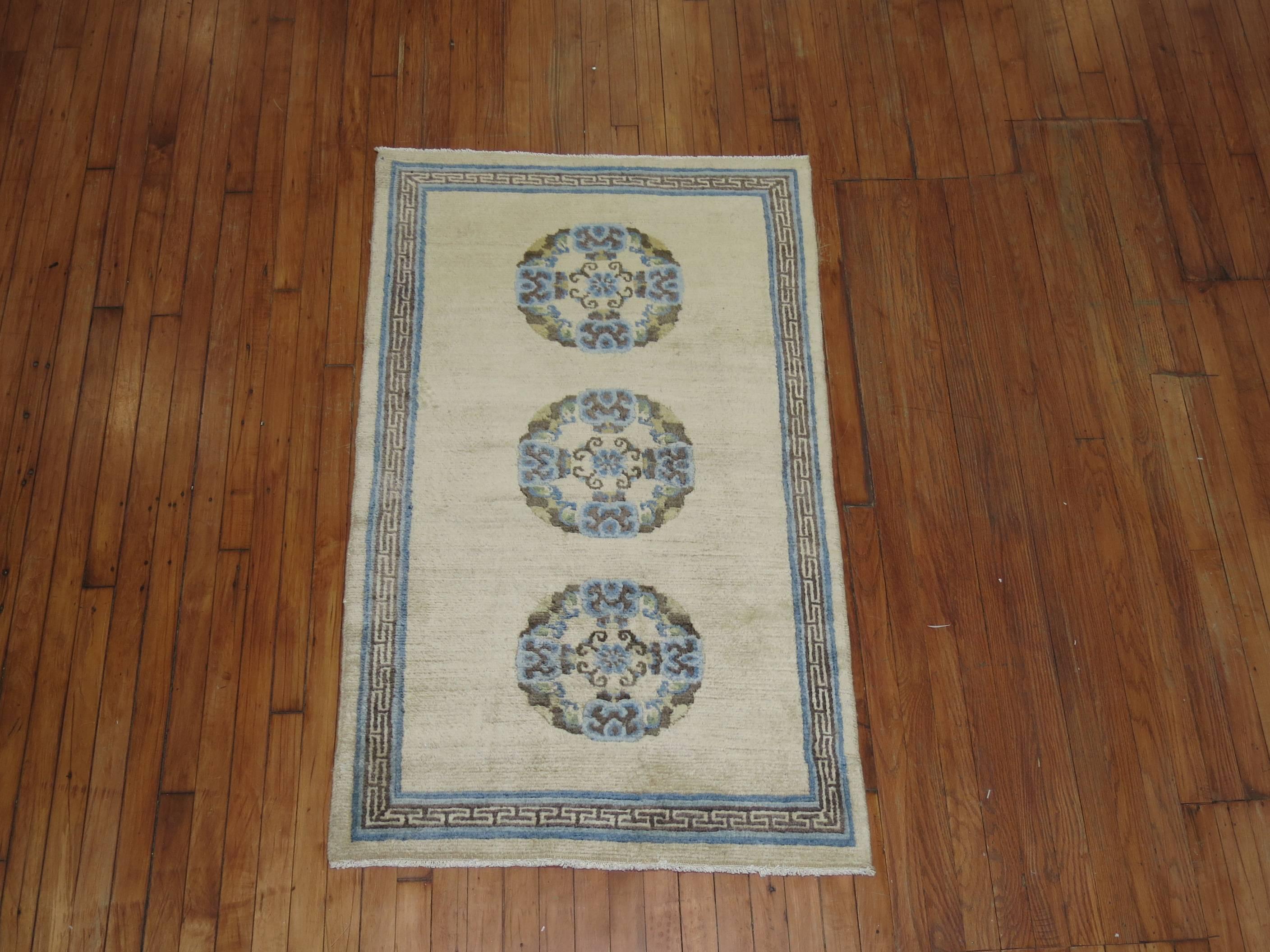 Hand-Woven Ivory Light Blue Brown 20th Century Hand Knotted Wool Tibetan Scatter Throw Rug For Sale