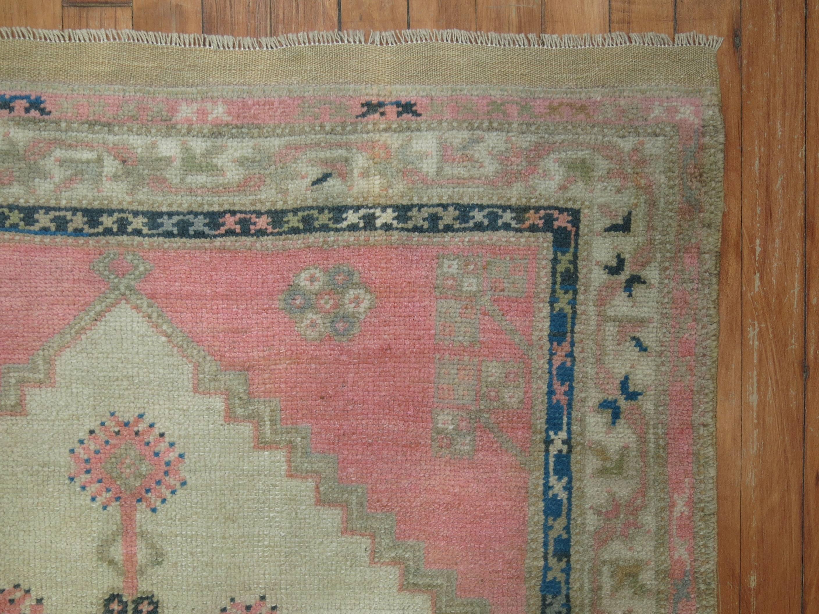 Hand-Knotted 20th Century Bubble Pink Turkish Anatolian Thrown Rug