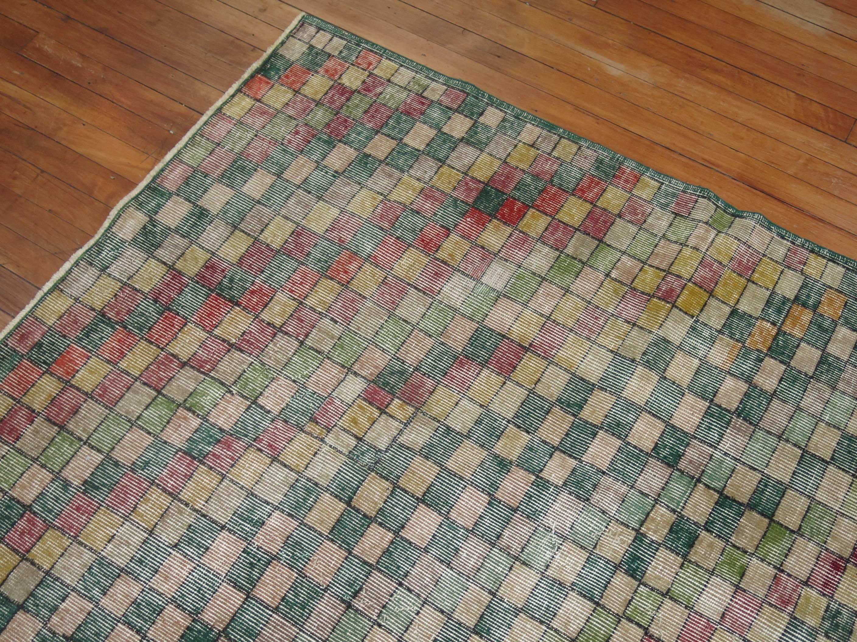 20th Century Distressed Checkerboard Green Turkish Deco Room Rug For Sale