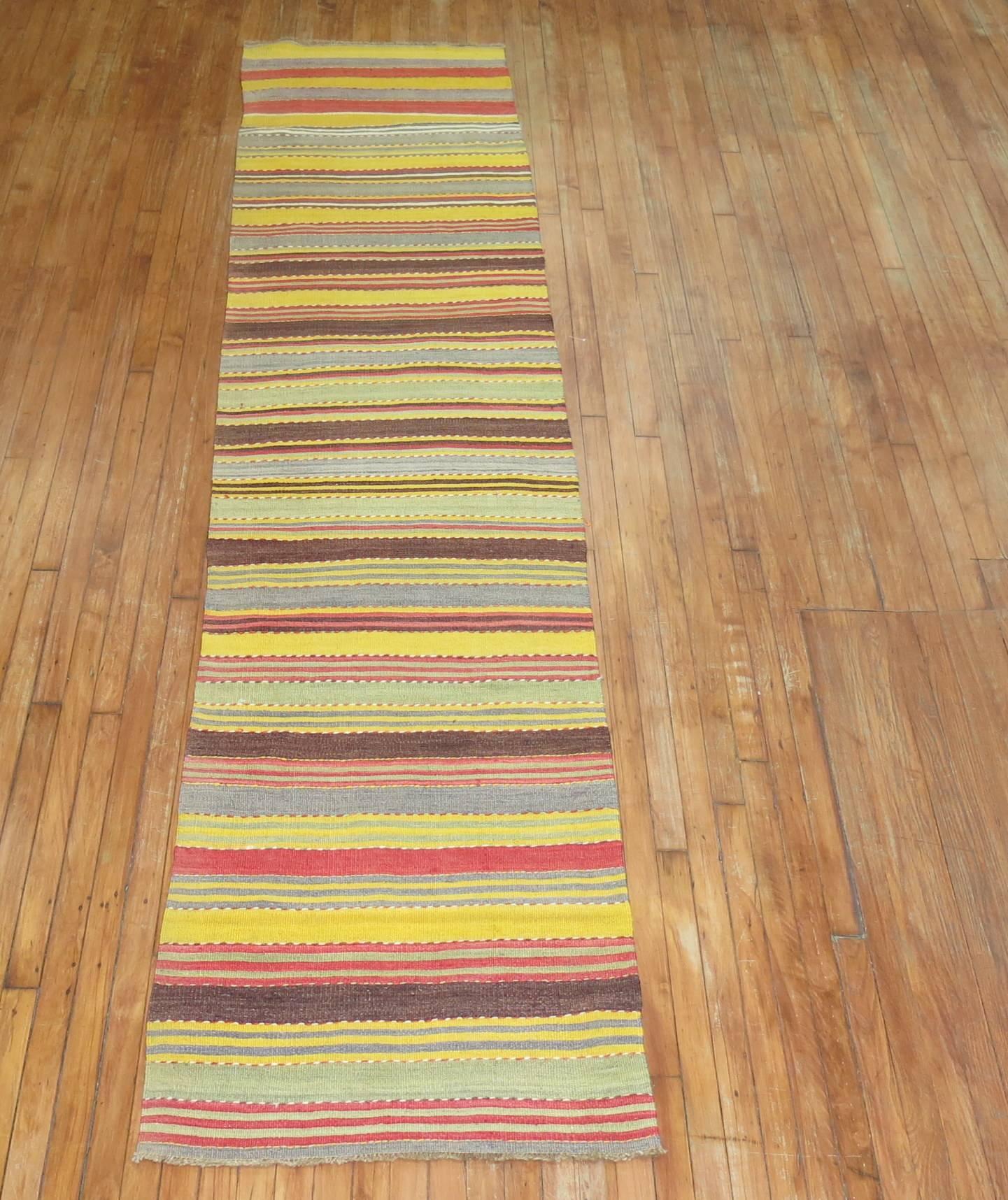 Colorful striped design fine quality Turkish Kilim runner.

Kilims, primarily refer to a type of flat woven rug that was produced without knotted pile.
Since this is one of the oldest methods of rug production, it is considered to be Primitive