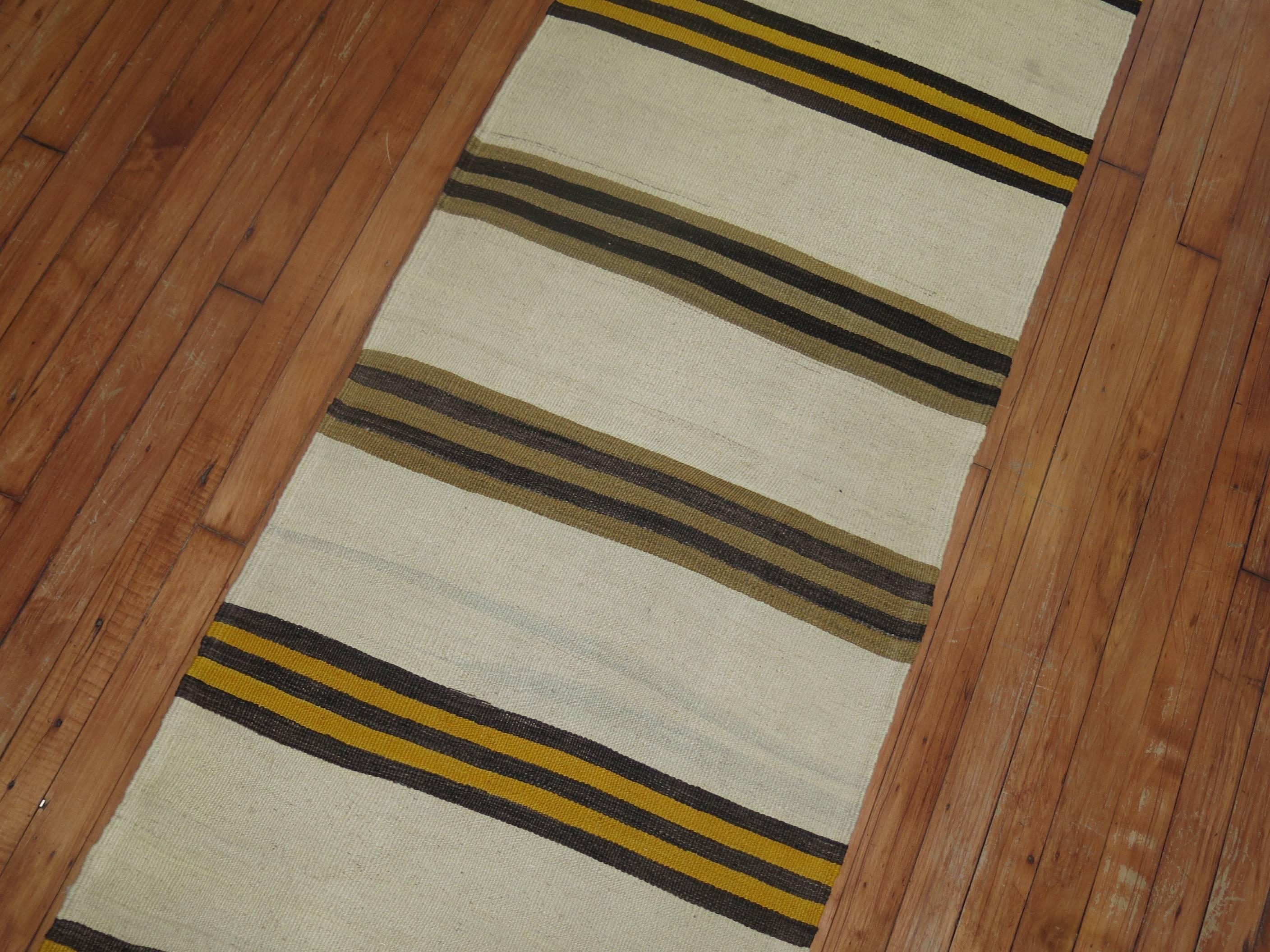 Mid-Century Modern Long Ivory Striped Vintage Kilim Long Runner For Sale