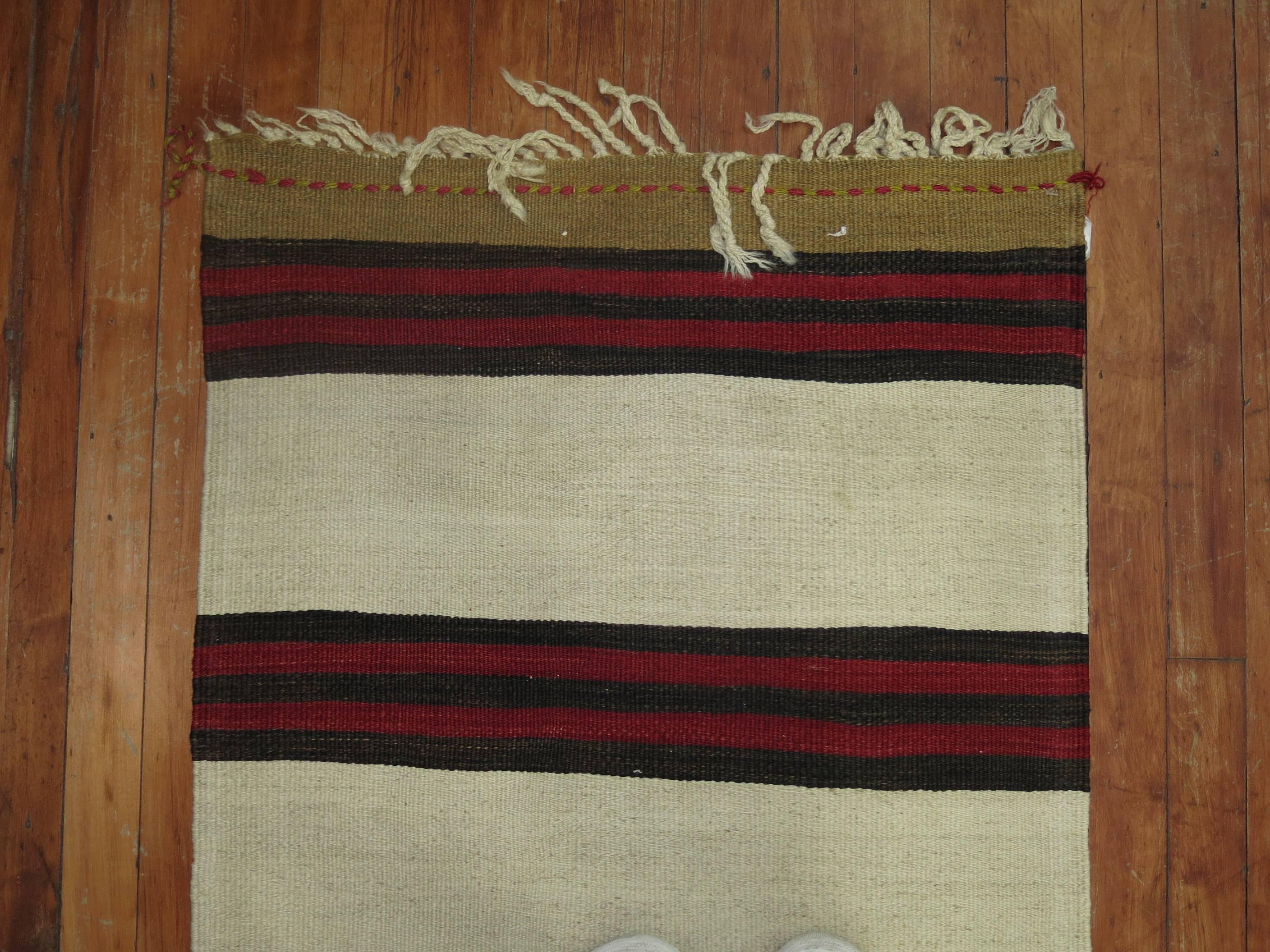 Hand-Knotted Long Ivory Striped Vintage Kilim Long Runner For Sale
