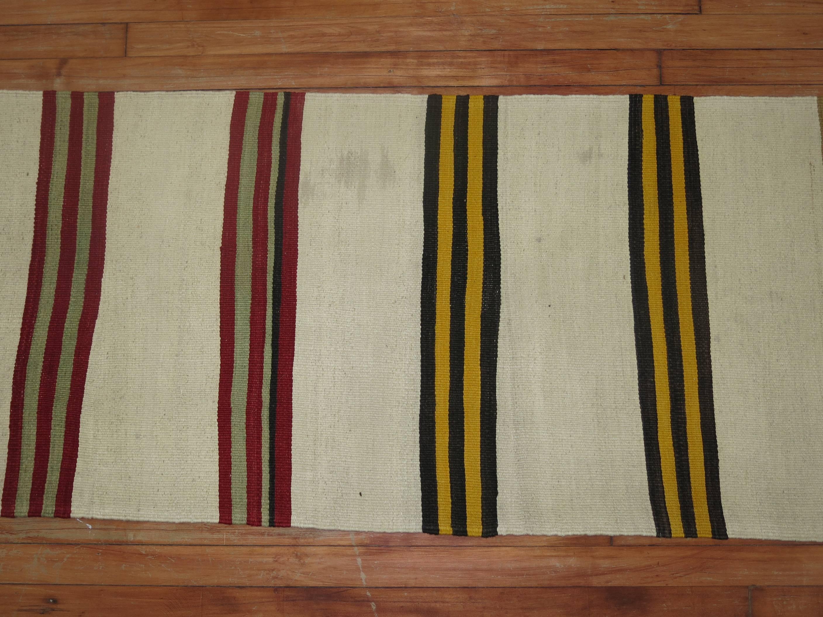 Long Ivory Striped Vintage Kilim Long Runner In Good Condition For Sale In New York, NY