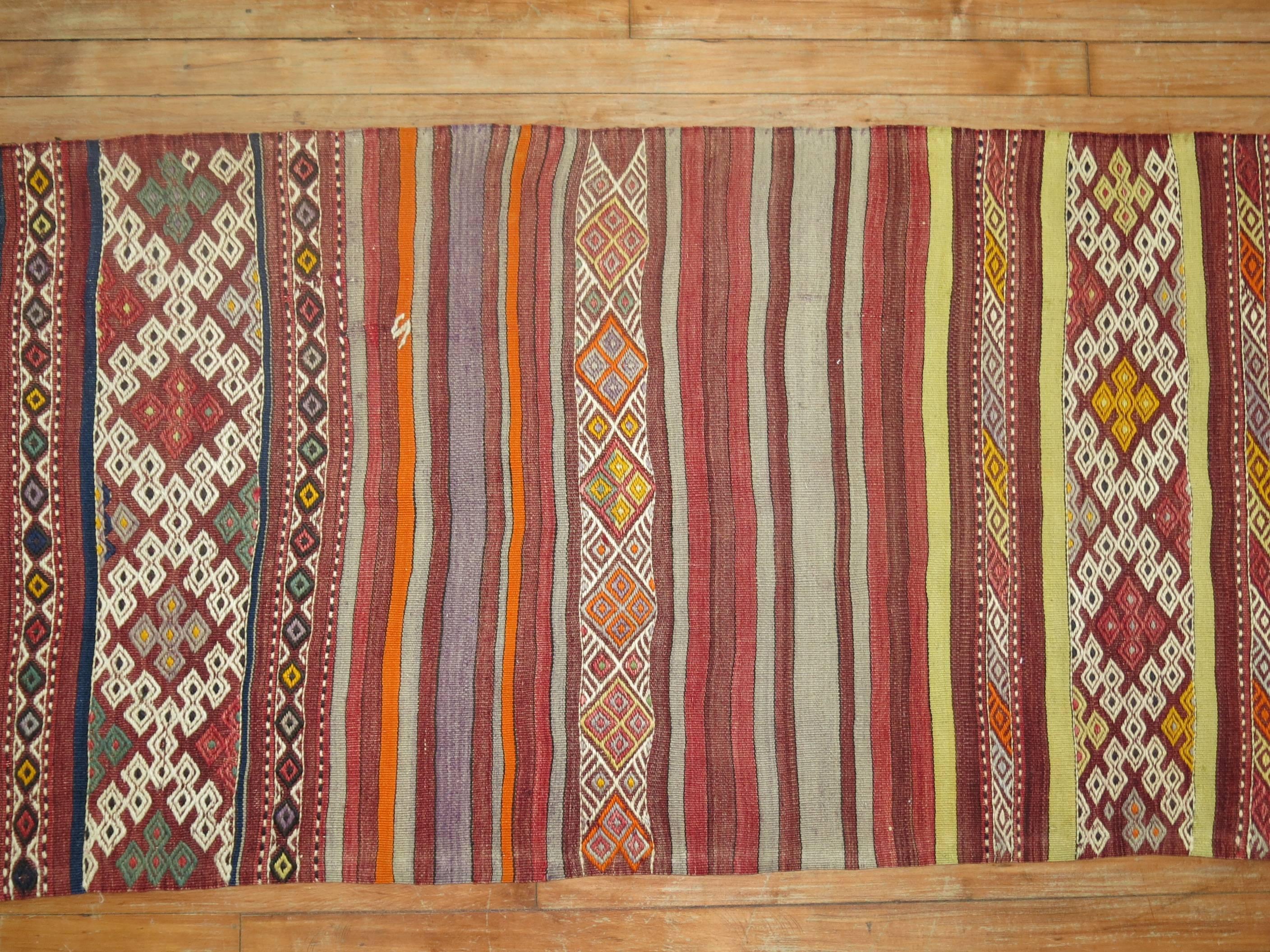 Wool Vintage Turkish Tribal Kilim Runner For Sale