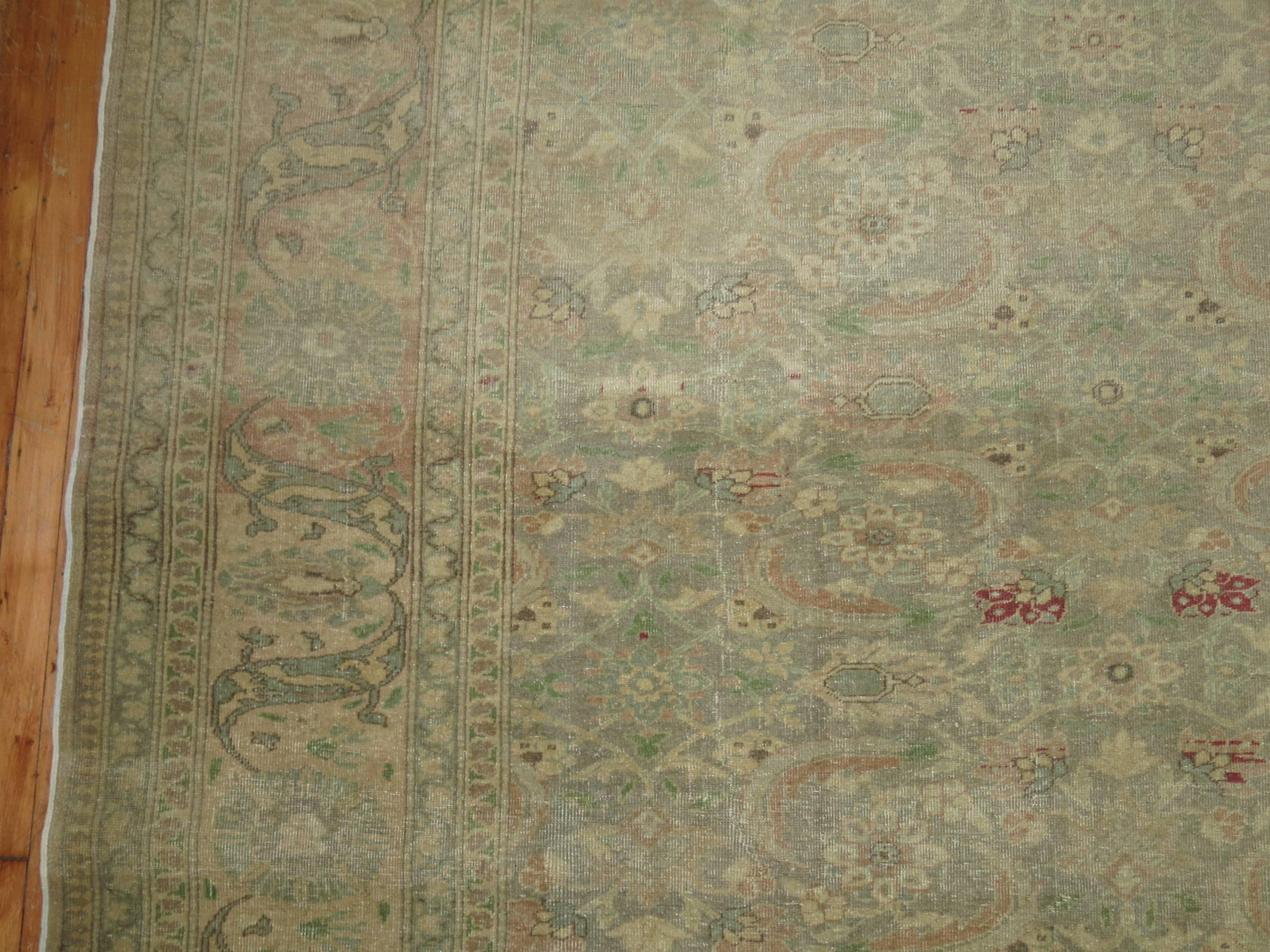 Hand-Knotted Green Vintage Turkish Carpet