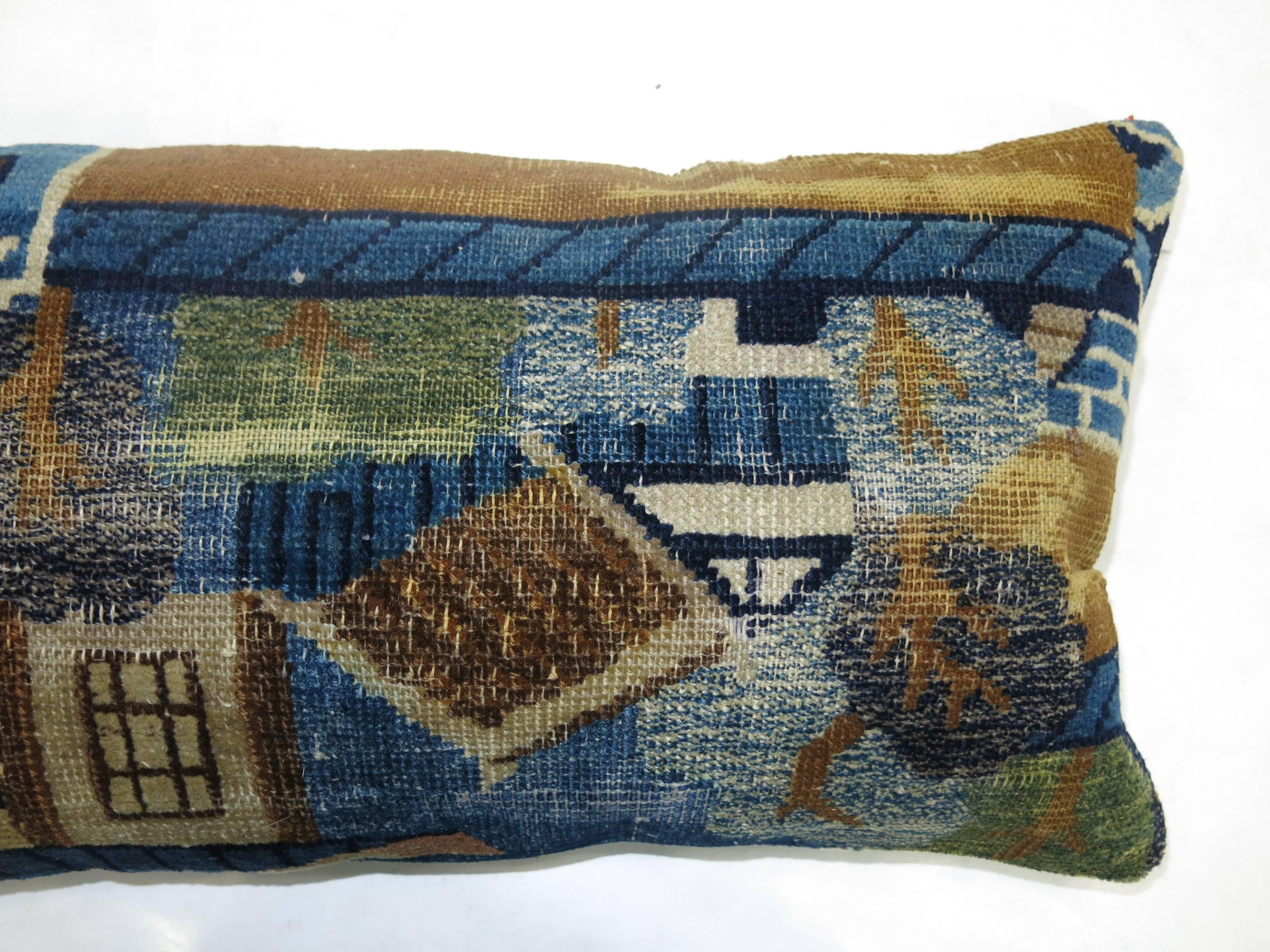 20th Century Pair of Chinese Pictorial Rug Bolster Pillows