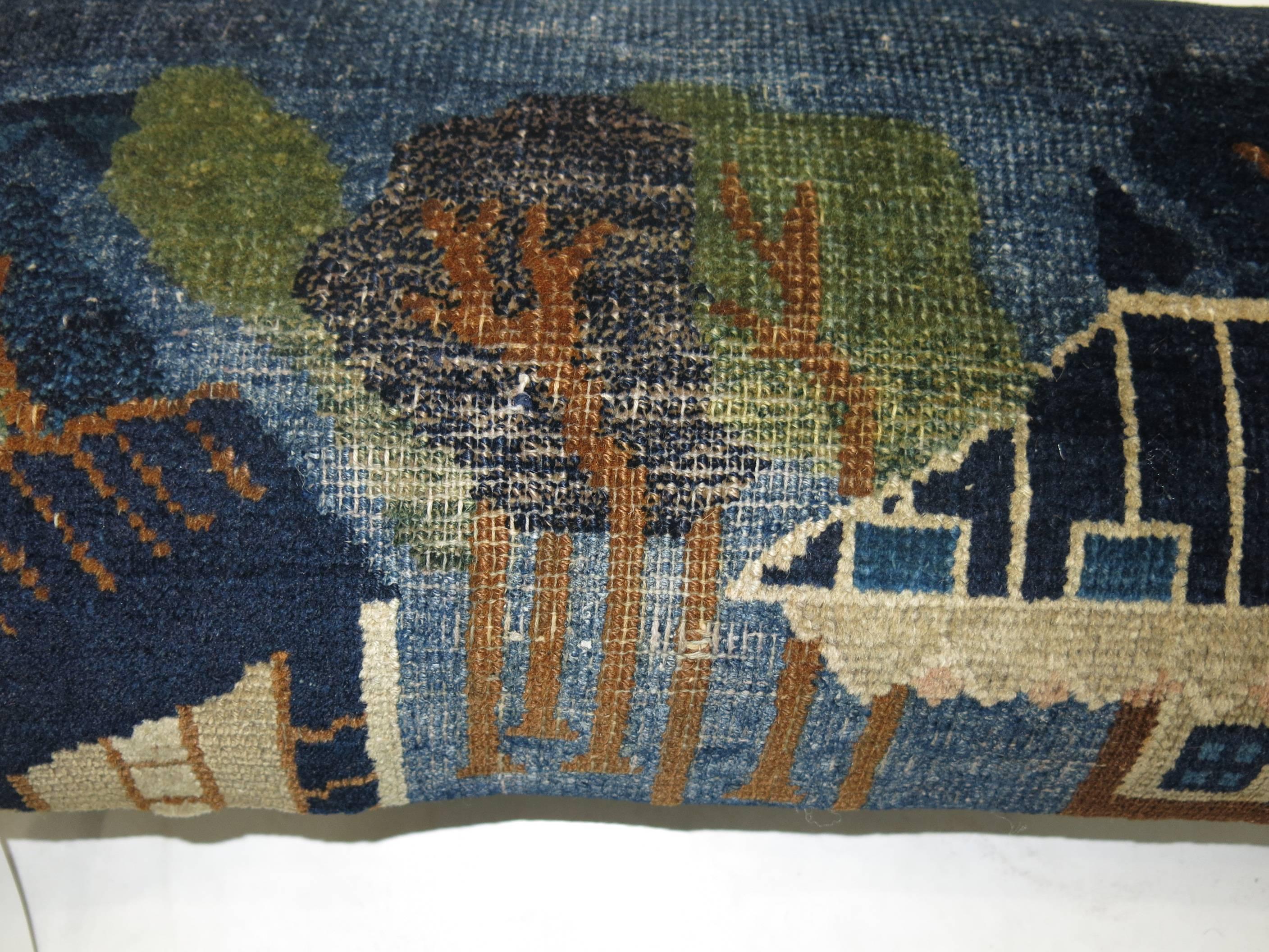 Wool Pair of Chinese Pictorial Rug Bolster Pillows