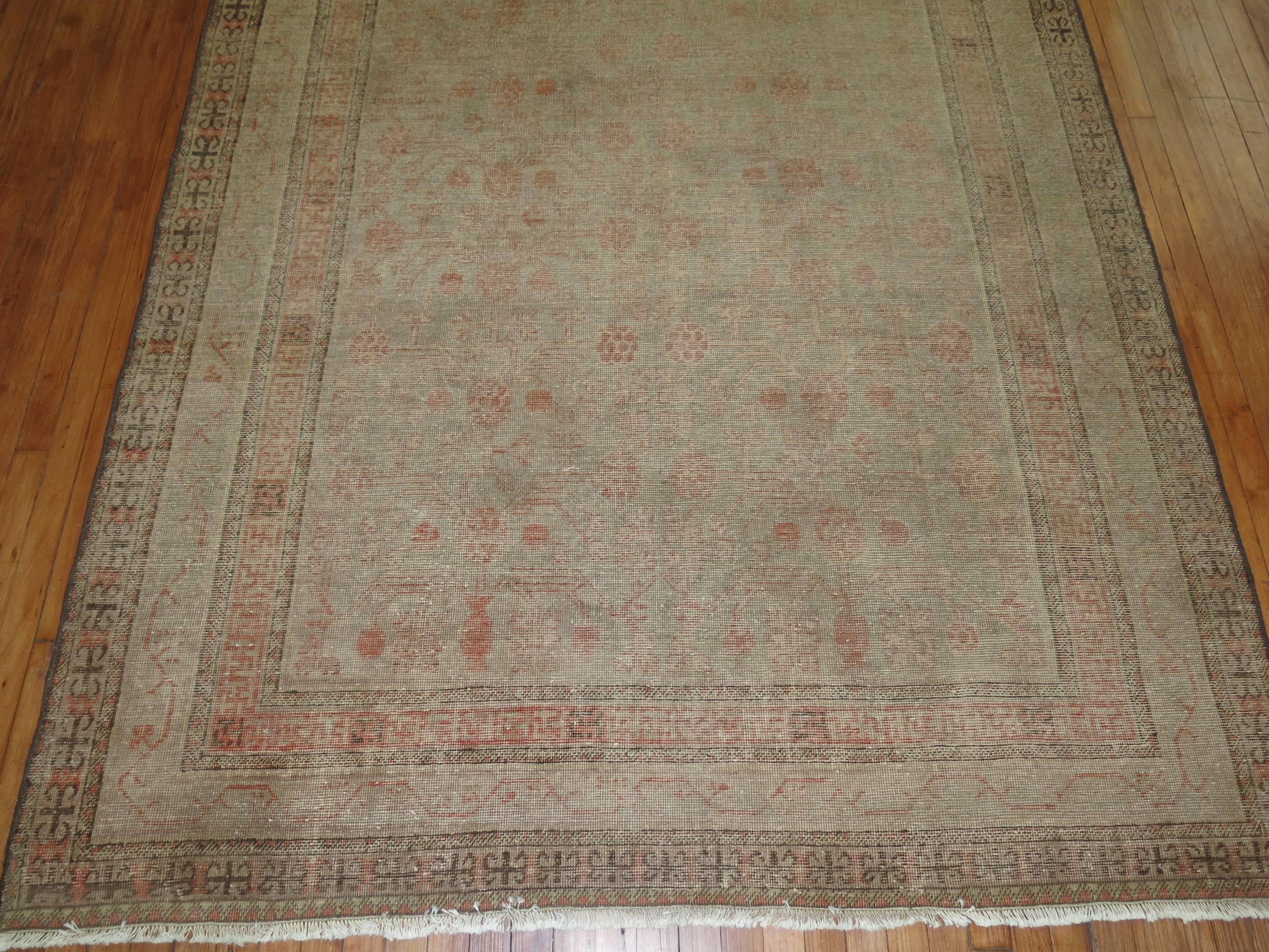 Rustic Shabby Chic Gray Khotan Gallery Size Wool Late 19th Century Carpet For Sale
