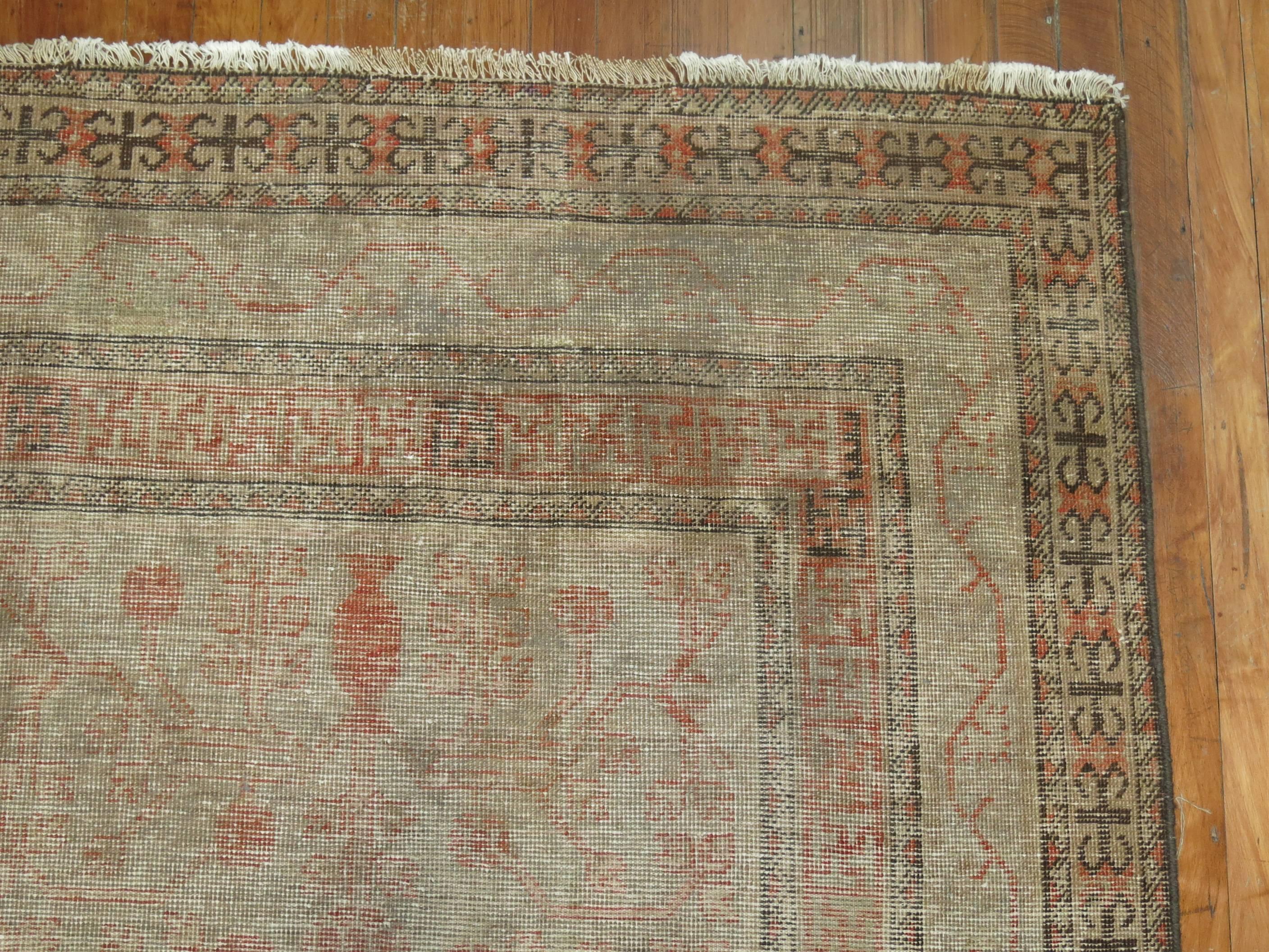 East Turkestani Shabby Chic Gray Khotan Gallery Size Wool Late 19th Century Carpet For Sale