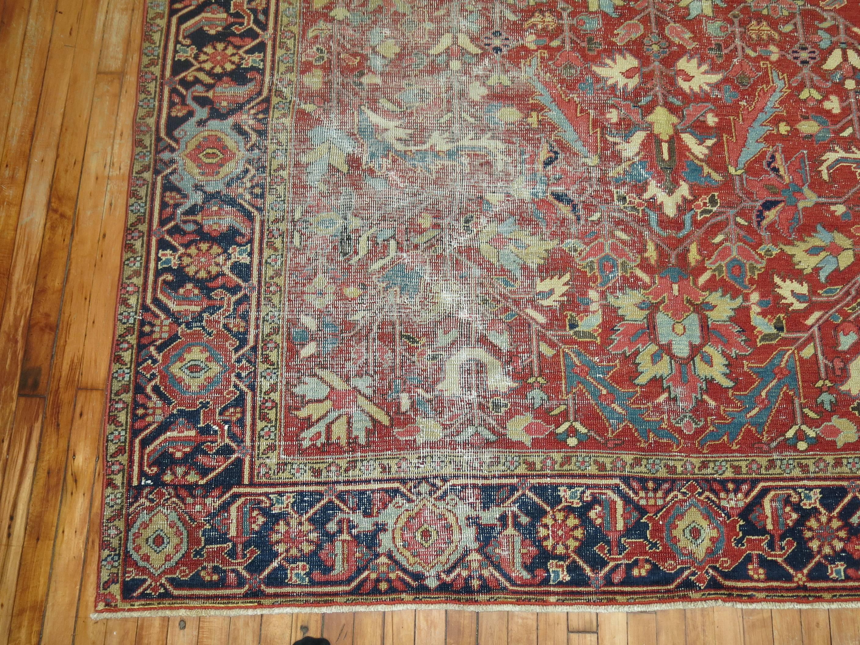 Distressed Red Shabby Chic Antique Persian Heriz Rug In Distressed Condition In New York, NY