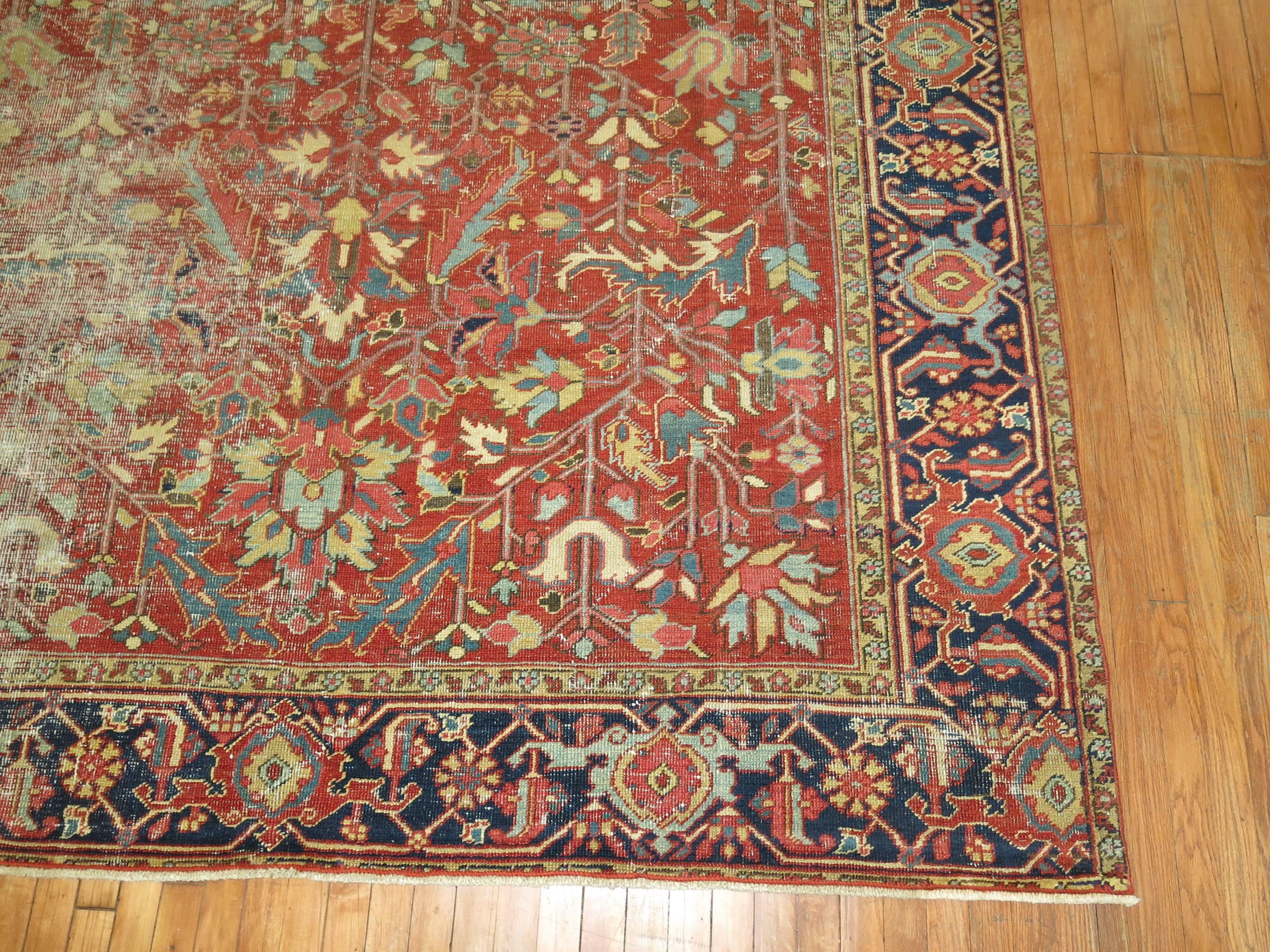20th Century Distressed Red Shabby Chic Antique Persian Heriz Rug