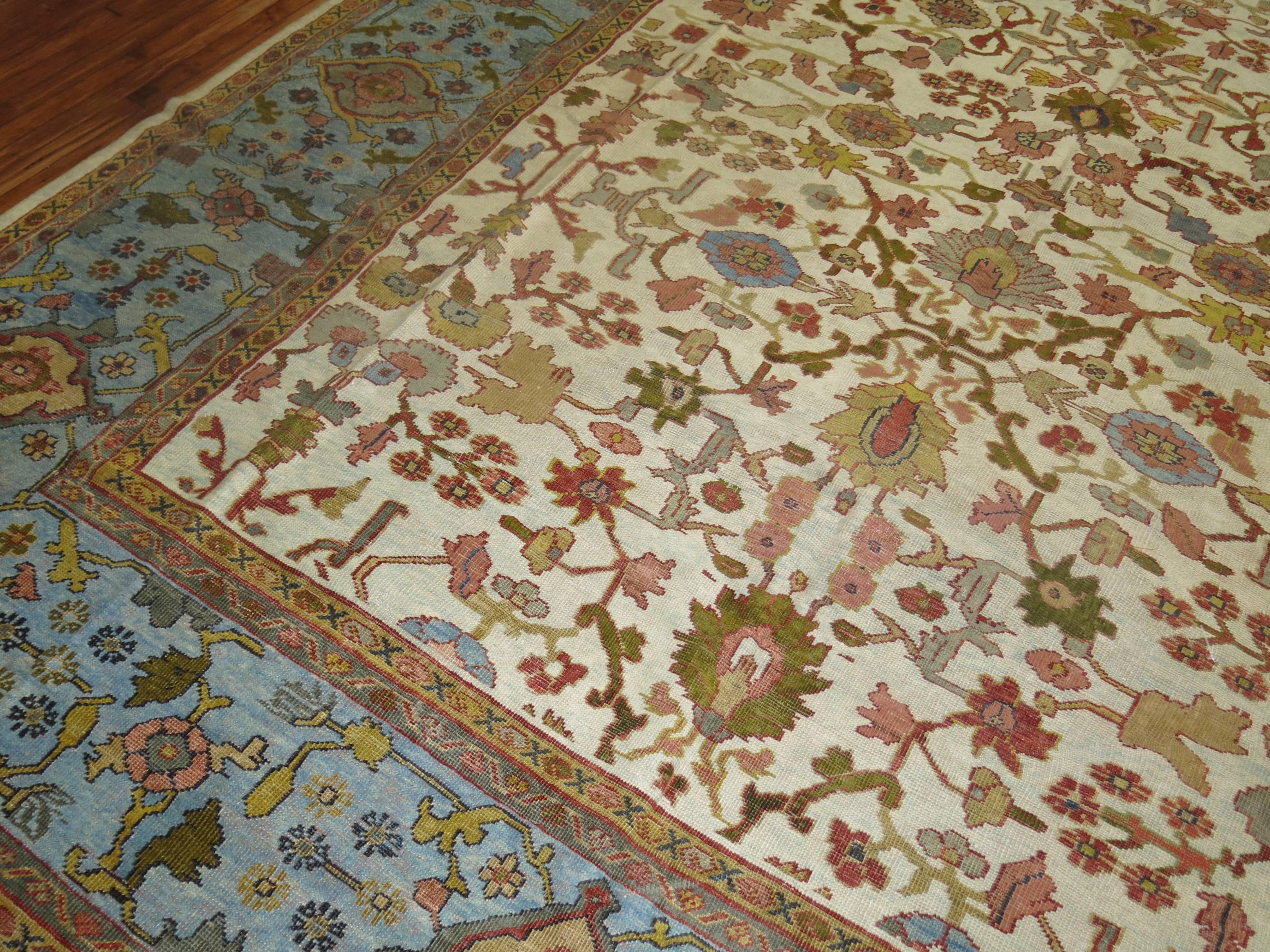 Sultanabad Beautiful Ivory Sky Blue Antique Persian Mahal Carpet For Sale