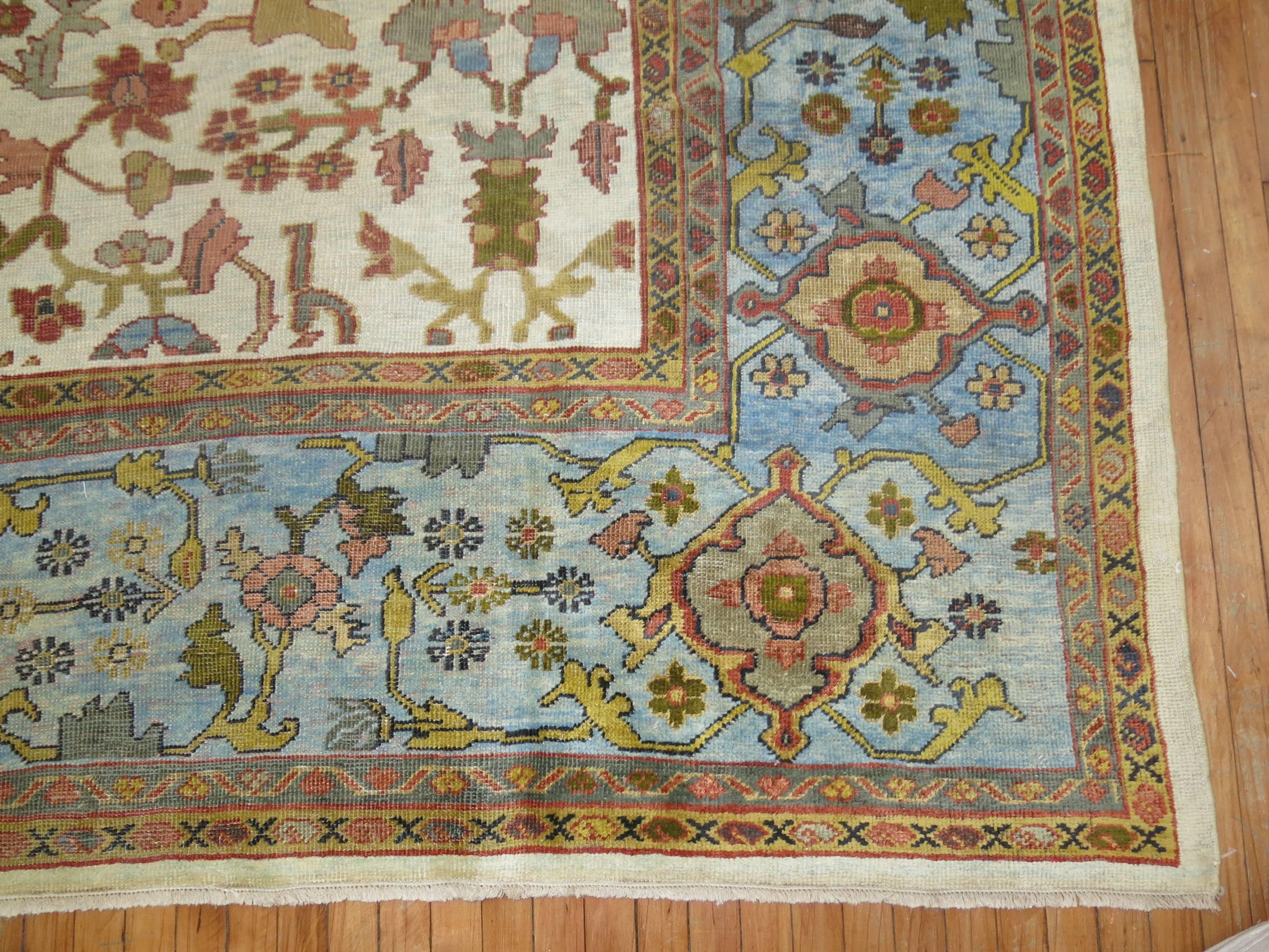 Hand-Woven Beautiful Ivory Sky Blue Antique Persian Mahal Carpet For Sale