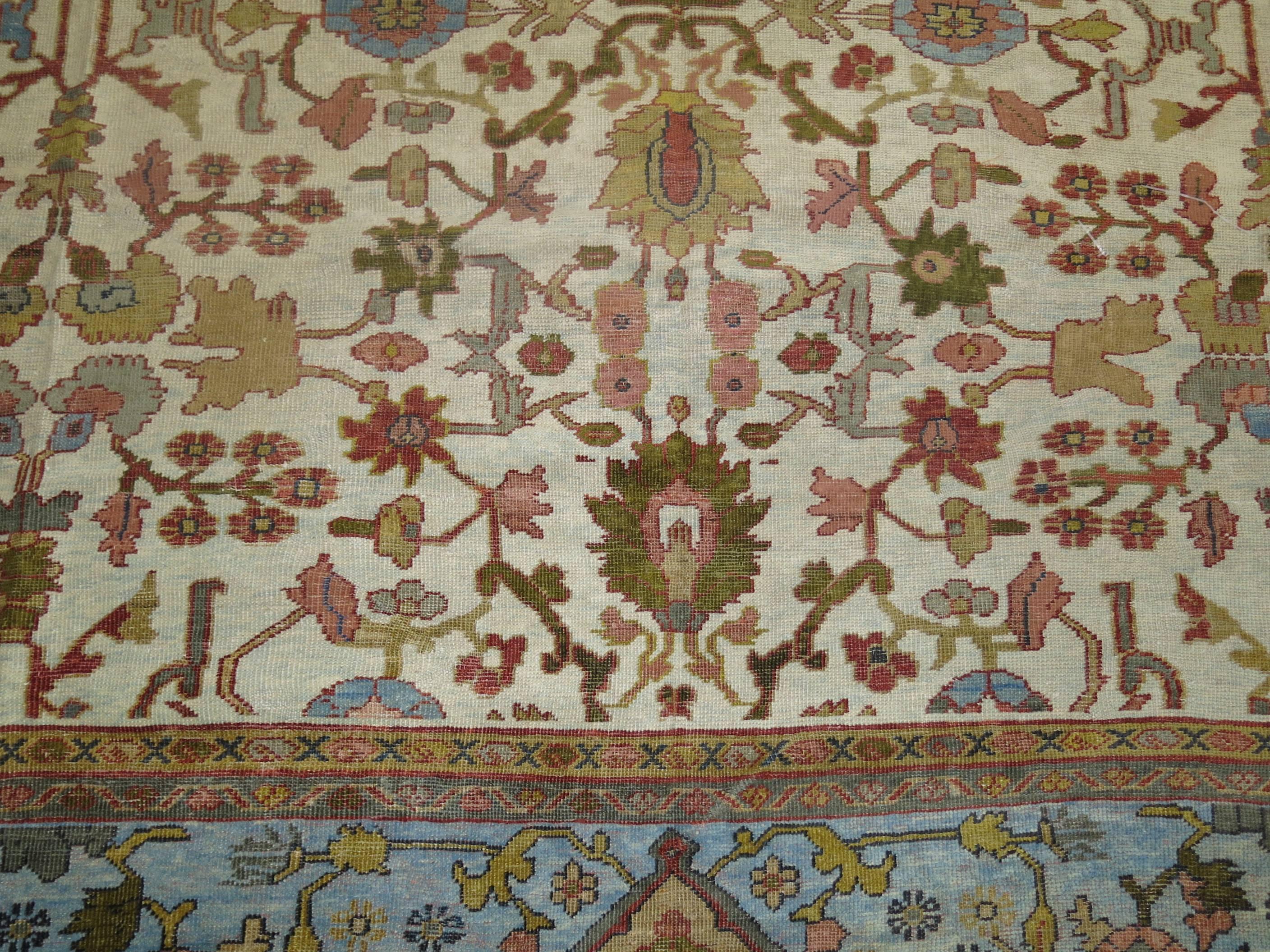 Wool Beautiful Ivory Sky Blue Antique Persian Mahal Carpet For Sale