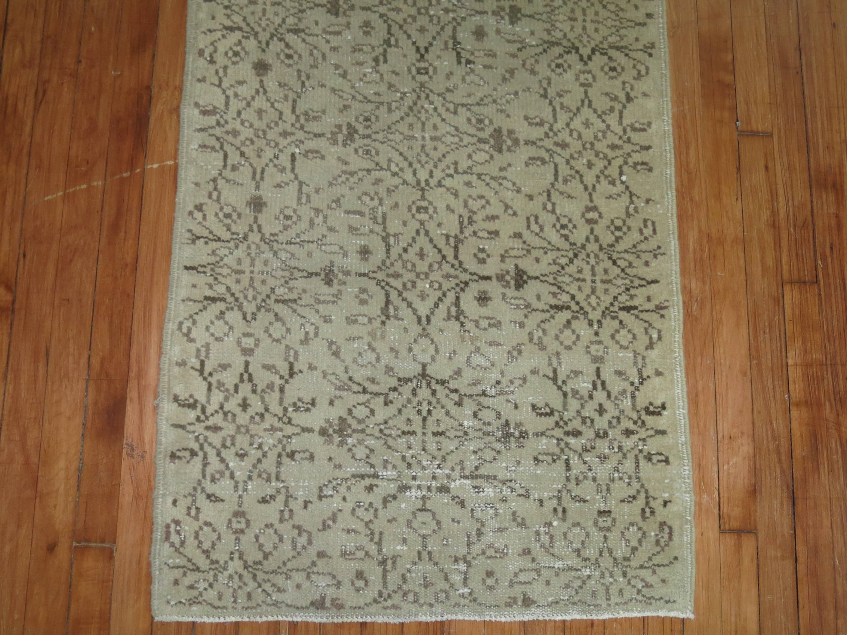 Hand-Knotted Neutral 20th Century Brown Beige Turkish Runner For Sale