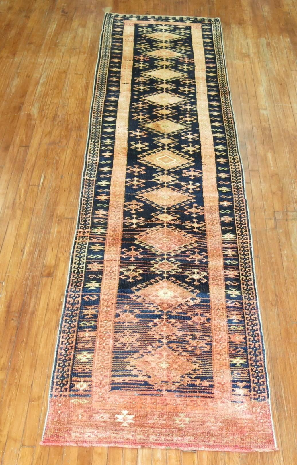 Eclectic Turkish runner with a geometric design on a deep black/blue field.