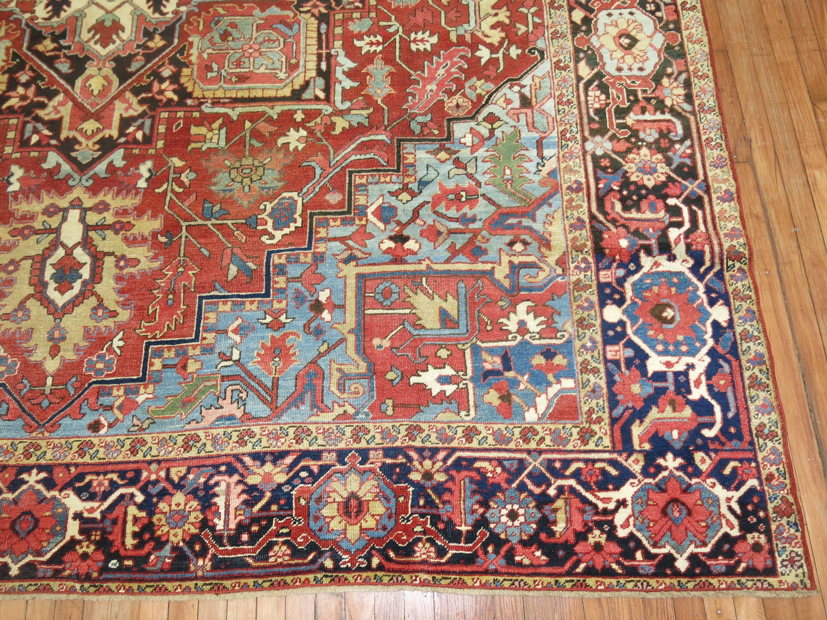 Hand-Woven Square Antique Persian Heriz Serapi Red Blue Rug