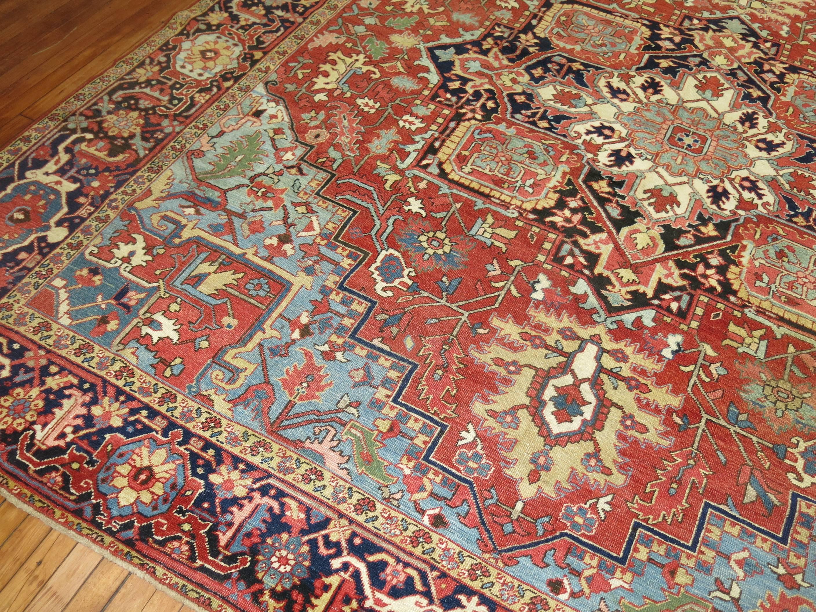 Square Antique Persian Heriz Serapi Red Blue Rug In Good Condition In New York, NY