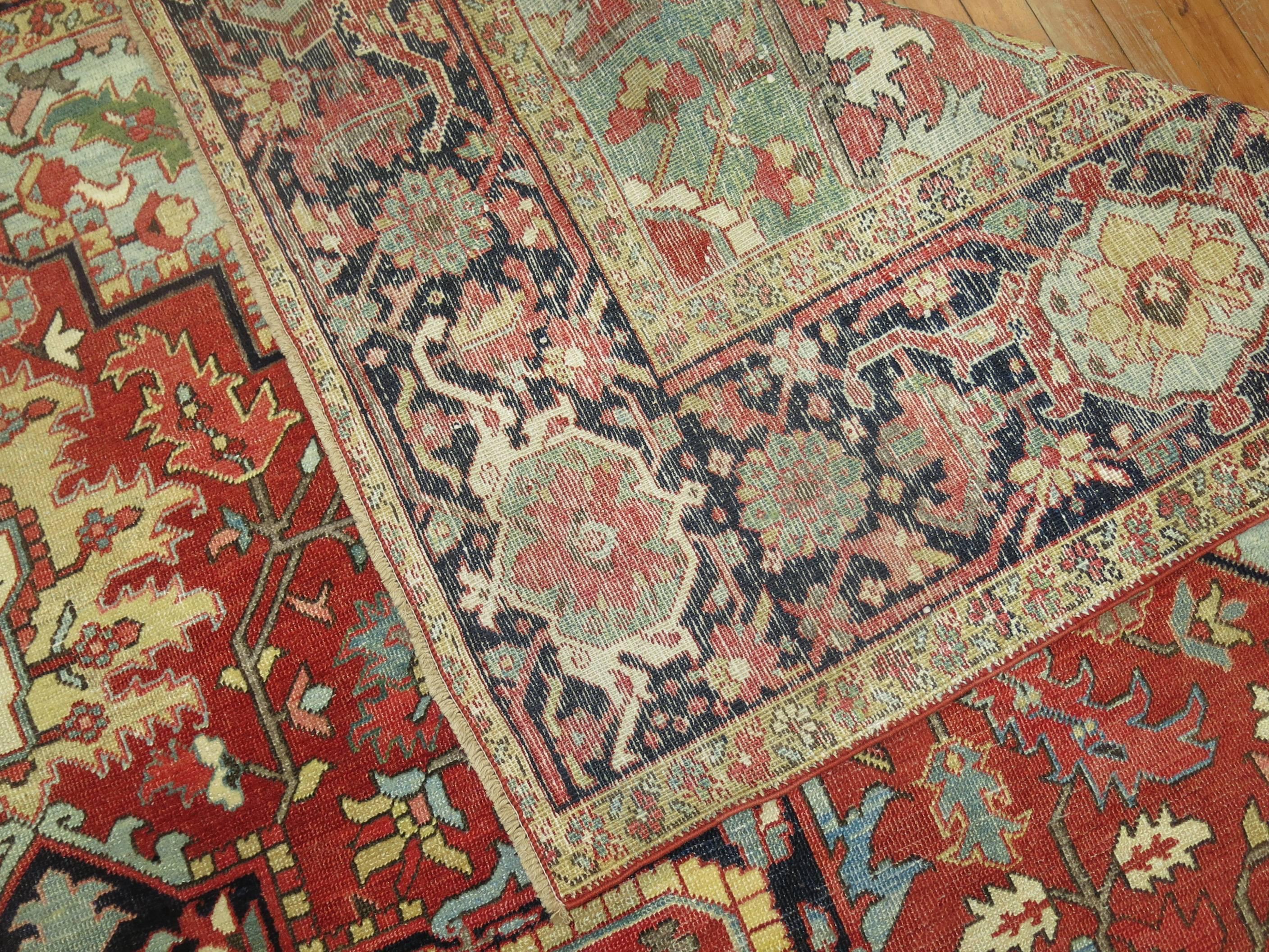 20th Century Square Antique Persian Heriz Serapi Red Blue Rug