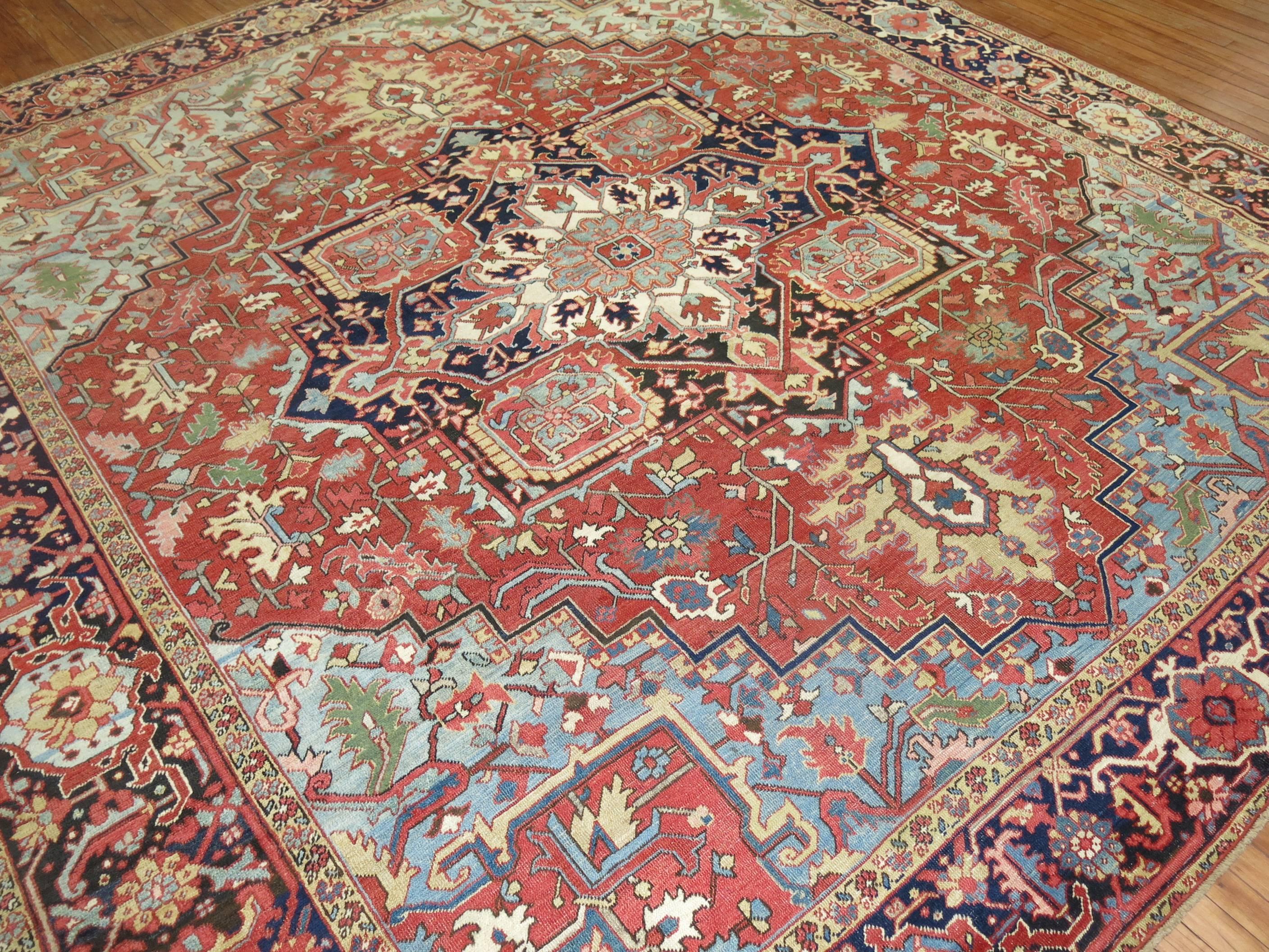 Wool Square Antique Persian Heriz Serapi Red Blue Rug