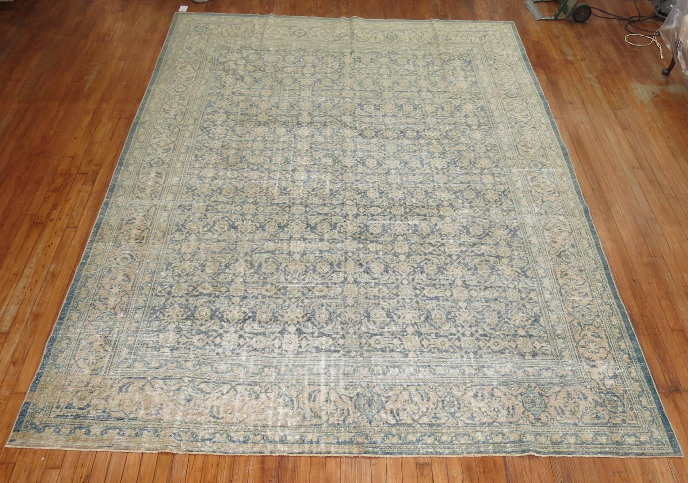Textured early 20th century Persian Malayer rug with a small-scale all-over herati motif in soft grayish blue and sand tones.

What makes antique Malayer rugs endlessly interesting and popular in the 21st century is their small-scale all-over