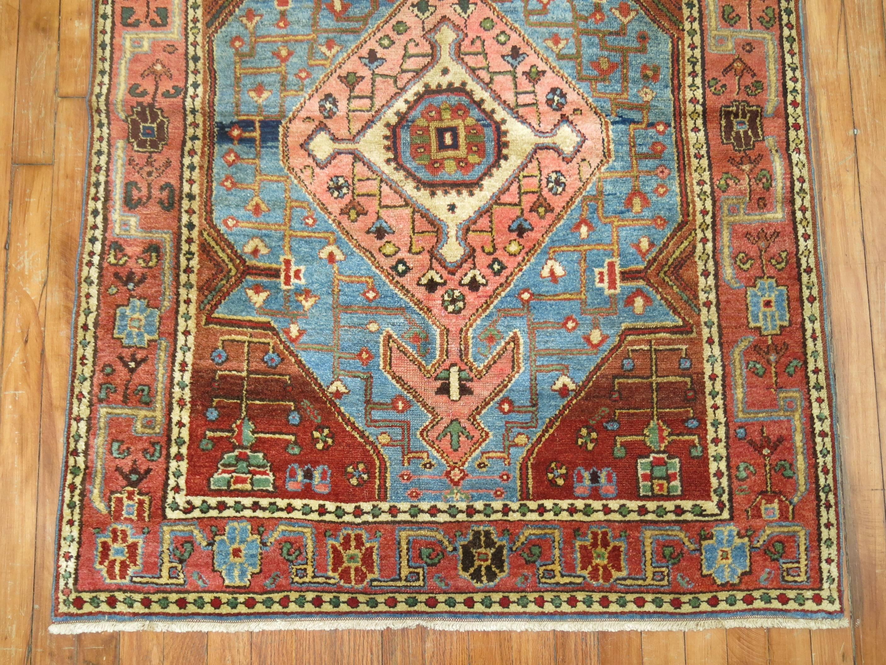 Hand-Woven Sky Blue Field 20th Century Vintage Persian Hamedan Malayer Rug