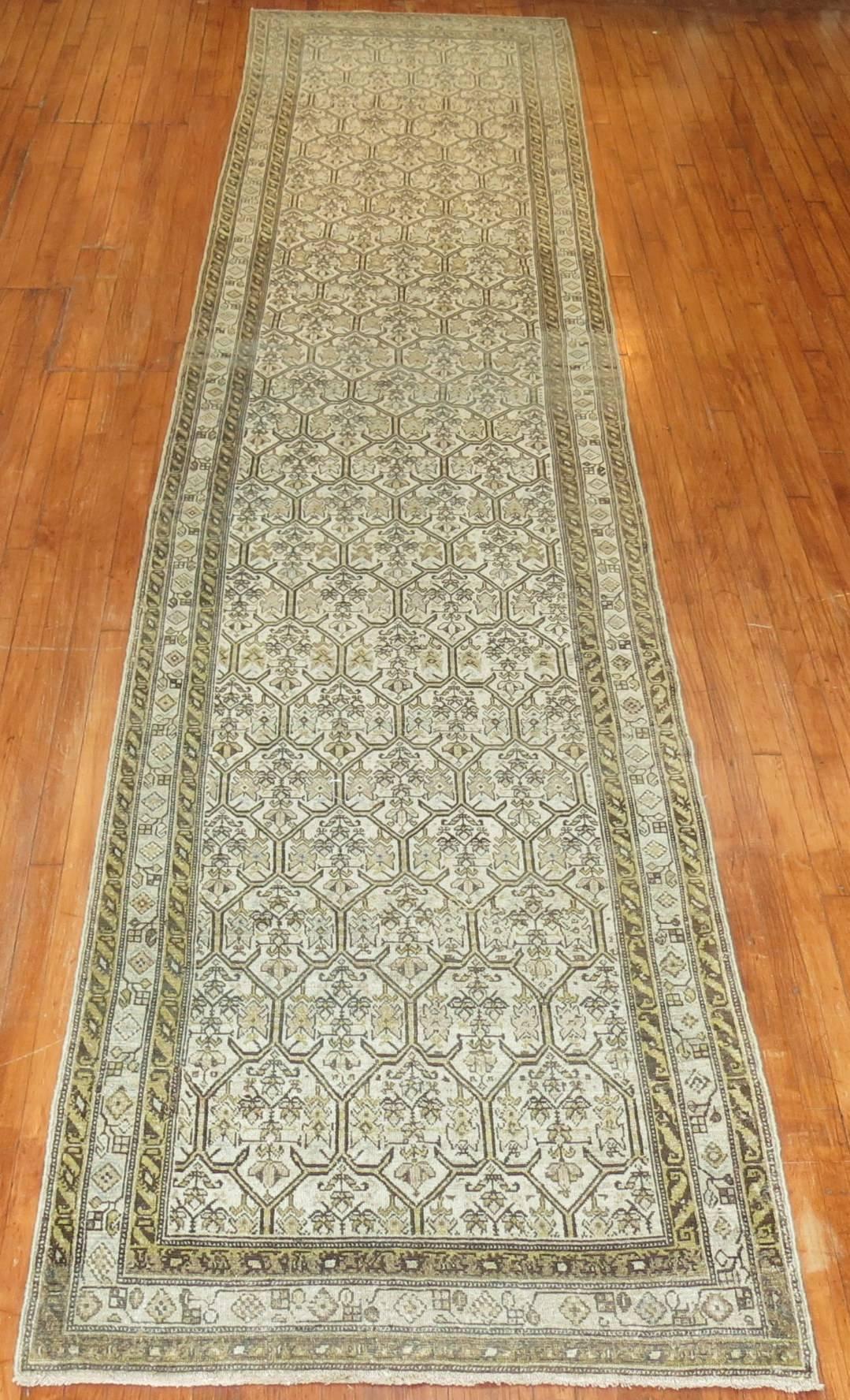 Wide and long earth toned Persian Malayer runner from the early 20th century. Gray cream field, accents in green and brown, circa 1920.

Size: 3'7