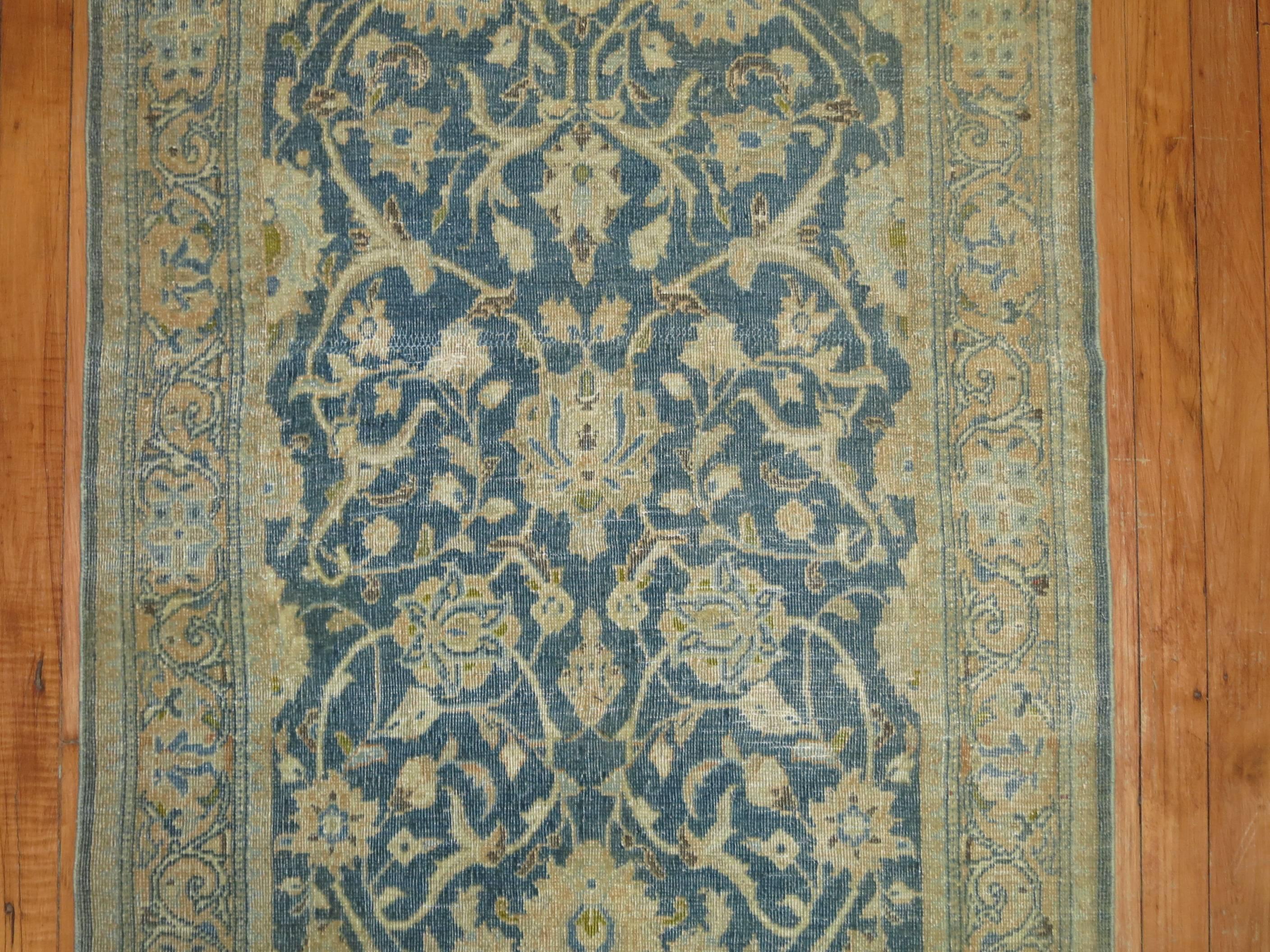 Hand-Woven Sea Foam Sand Mustard Vintage Persian Kashan Runner