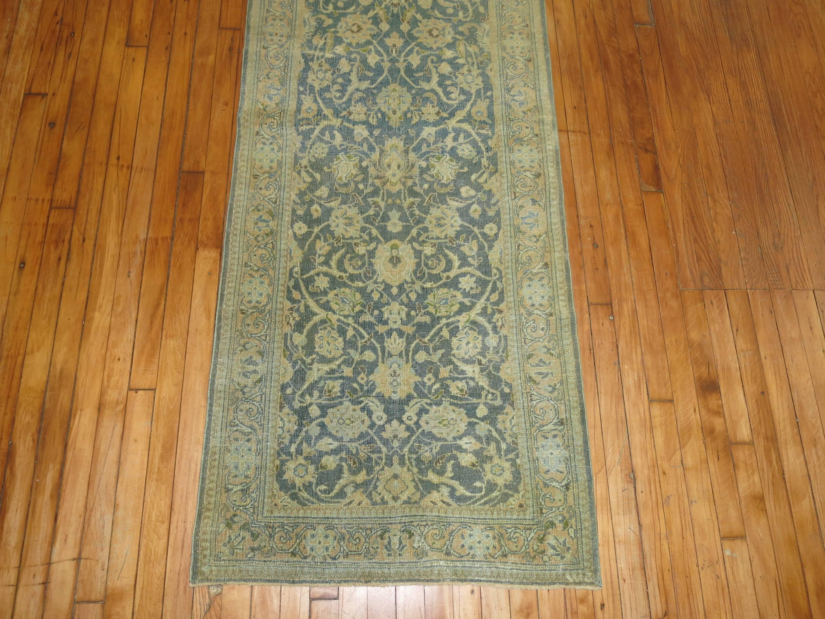 Wool Sea Foam Sand Mustard Vintage Persian Kashan Runner