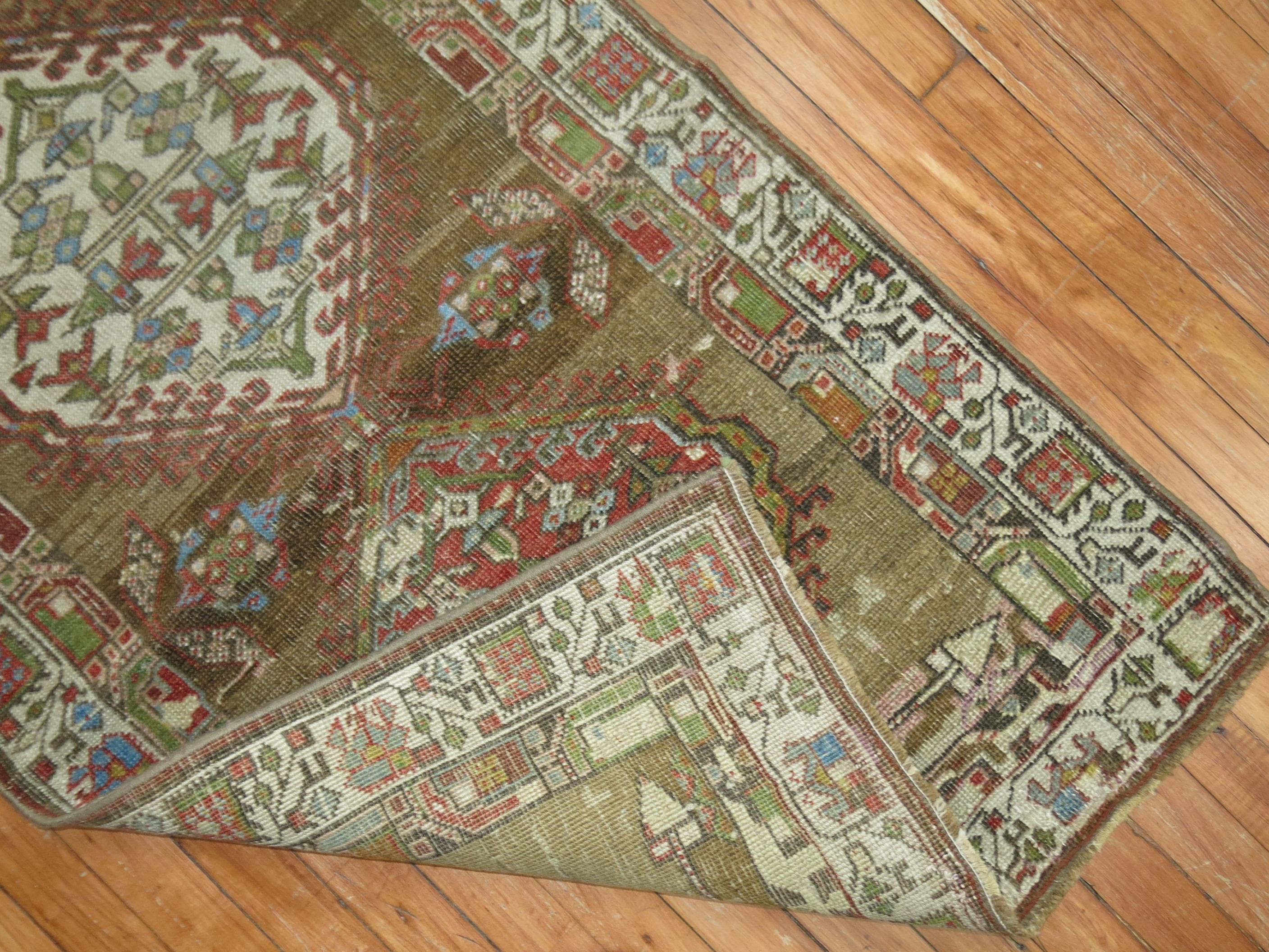 Antique Persian Serab runner with colorful accents on a brown ground.

Measures: 2'7'' x 8'7'' circa 1910

Serab rugs are known for their fine long runners with a characteristic camel ground and lozenge-shaped medallions. These rugs are woven in