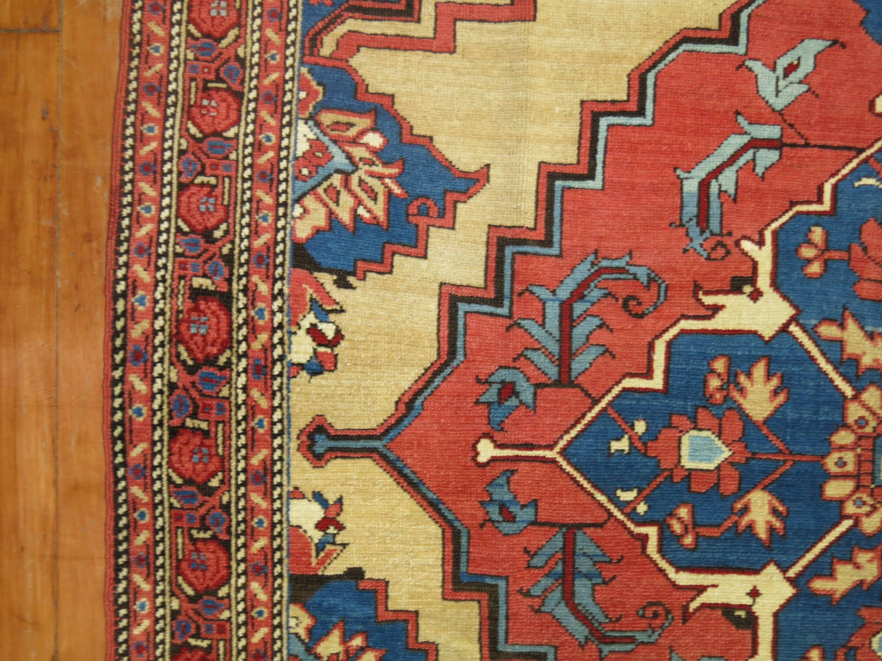 Rare size late 19th century finely woven Persian Bakshaish rug in predominant shades in camel and blue. Piece would make for a great wall piece too

4'6'' x 6'

20th century examples of Bakshaish weavings are very artistically distinguished and have