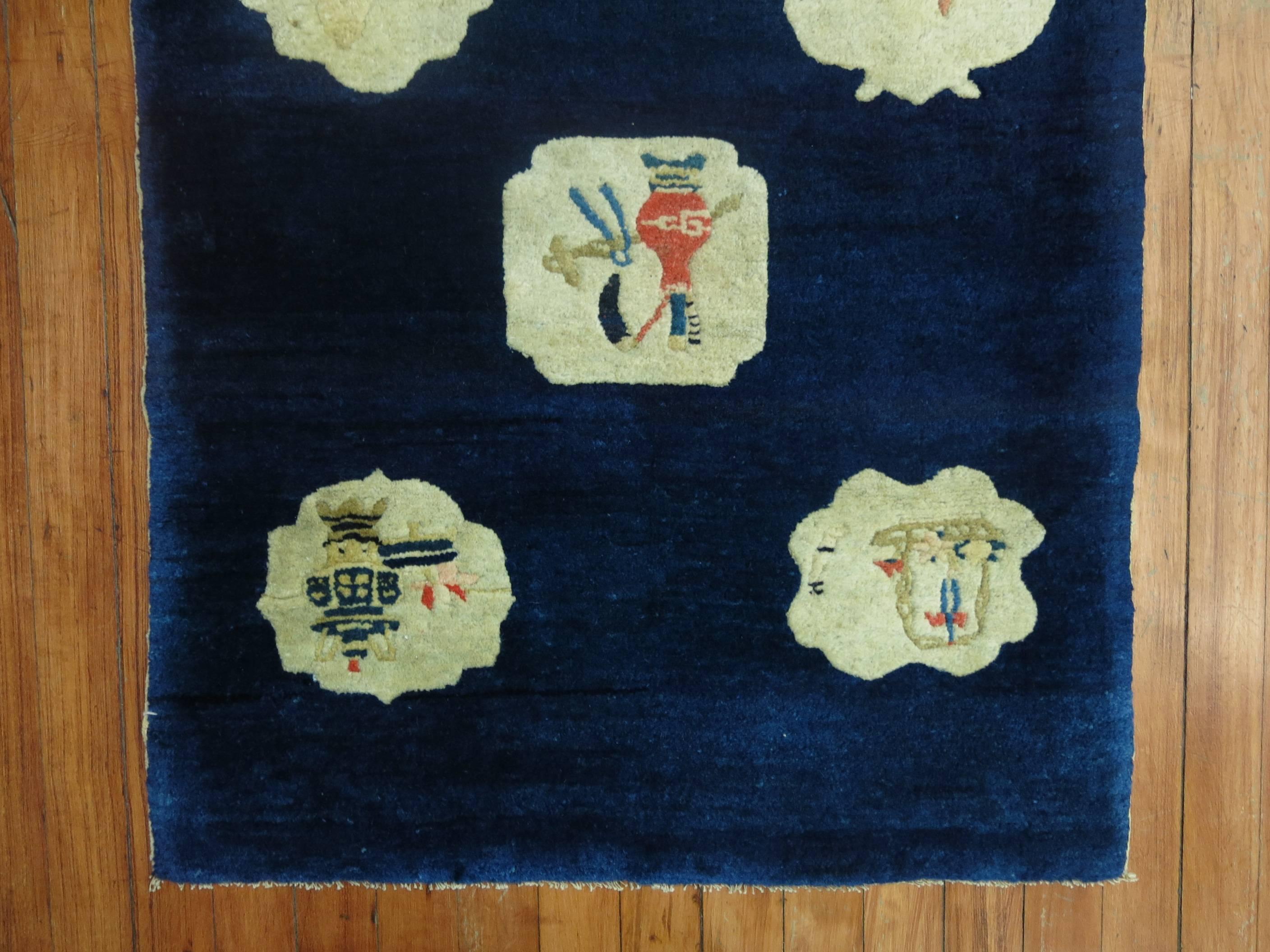 Hand-Woven Midnight Blue Chinese Folk Art Throw Rug For Sale