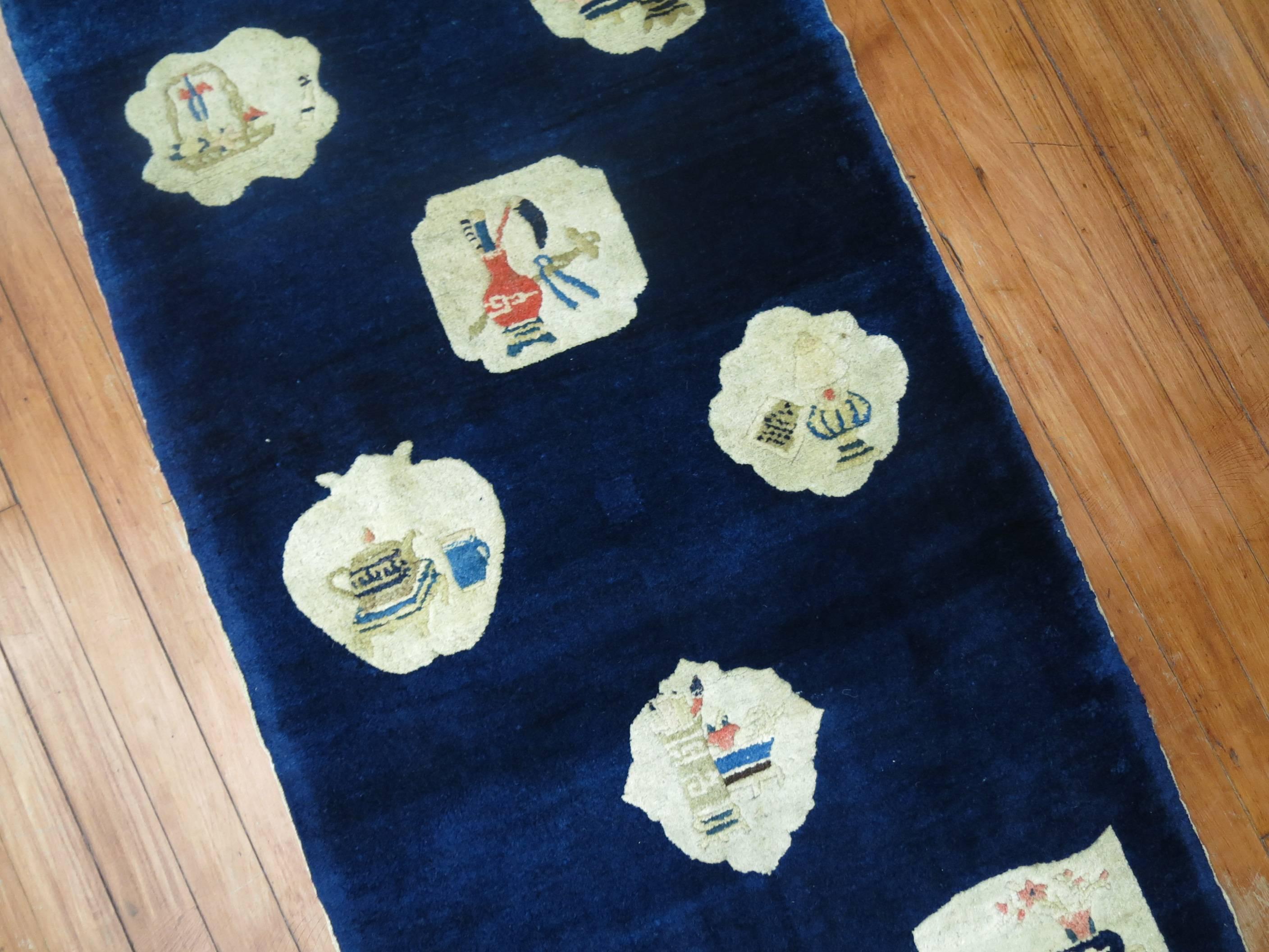 Midnight Blue Chinese Folk Art Throw Rug In Excellent Condition For Sale In New York, NY