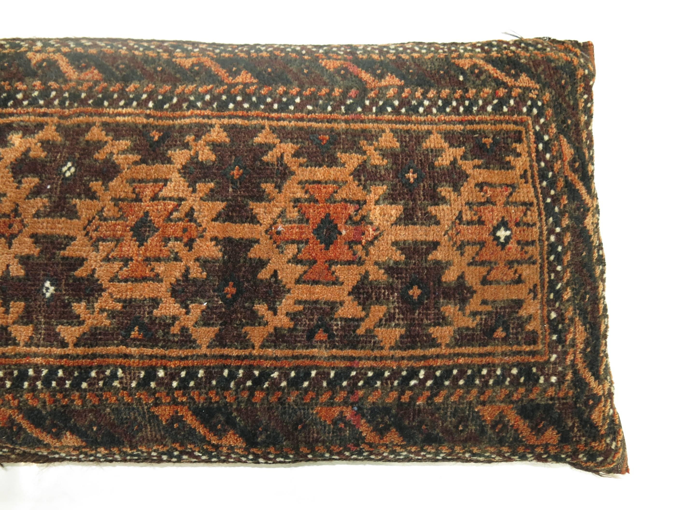 Large pillow made from a 19th century balouch rug with a rusty colored Kilim backing. Sewn shut.

16'' x 36''
